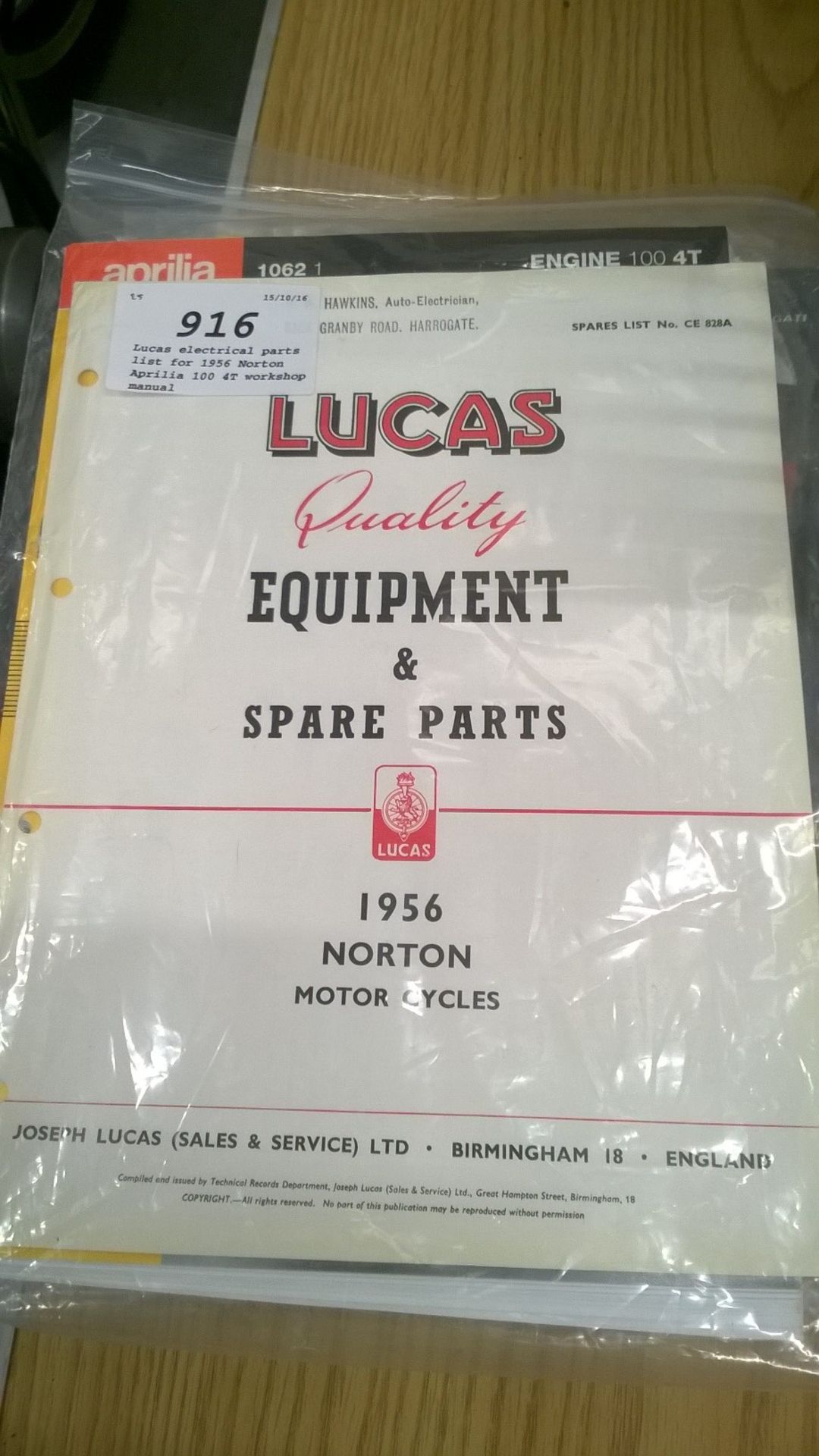 Lucas electrical parts list for 1956 Norton Aprilia 100 4T workshop manual