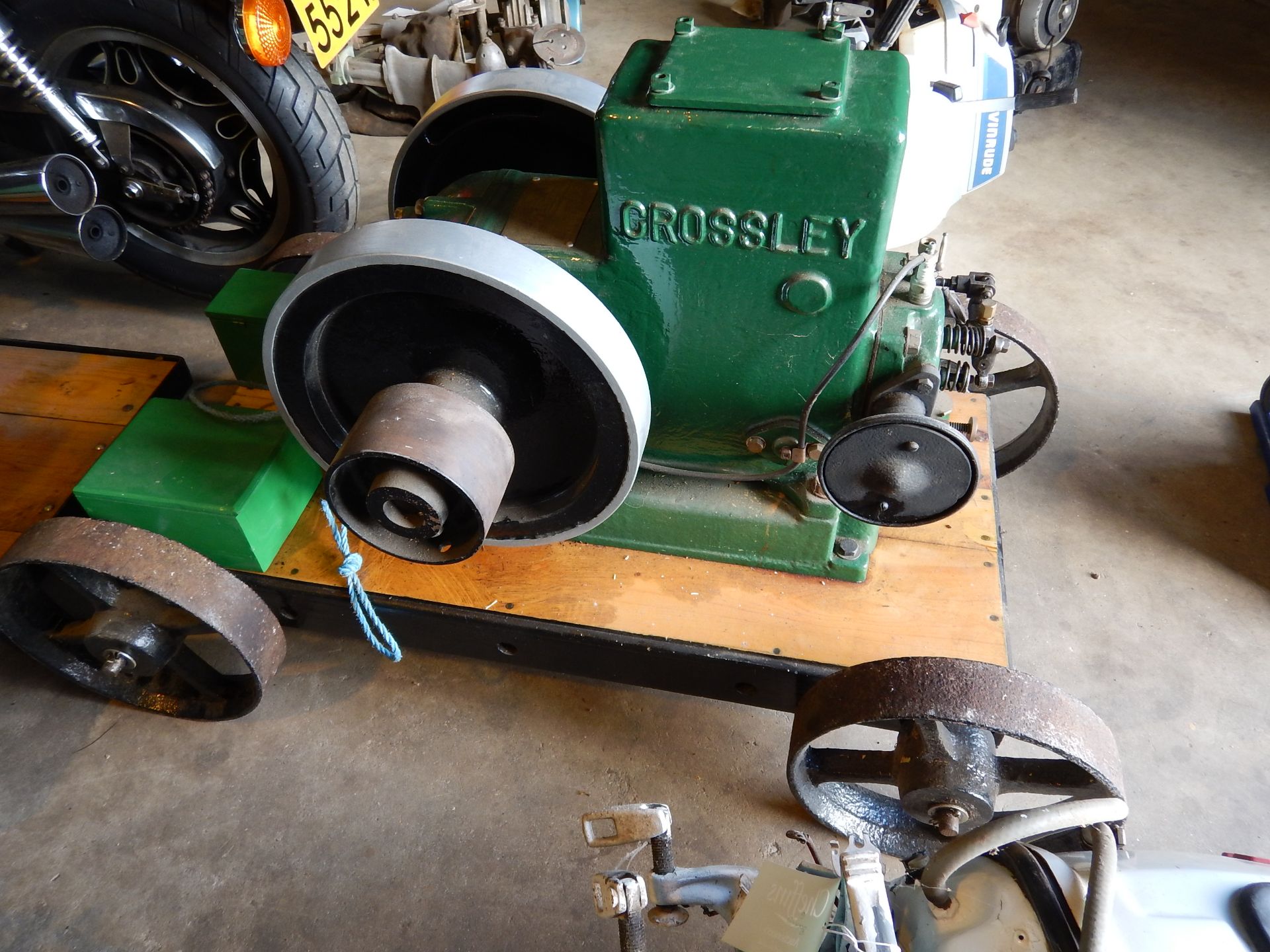 Crossley 2 1/2 hp single cylinder horizontal enclosed twin solid flywheel stationary engine on a