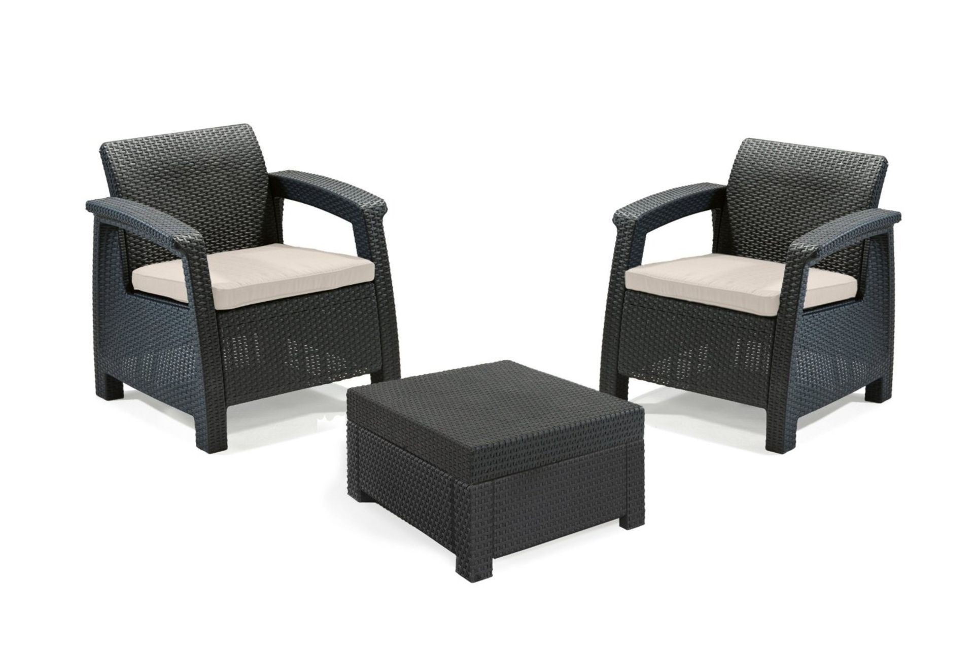 Keter Corfu Balcony Outdoor Garden Set, 2 Armchair and Table with Cream Cushions RRP £199.99