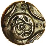 Freckenham Flower. Two Wheels Type. c.15BC-AD5. Celtic gold stater. 18mm. 5.36g.