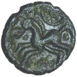 Dubnovellaunos Centre Parting. c.5BC-AD10. Celtic bronze unit. 13mm. 1.68g.