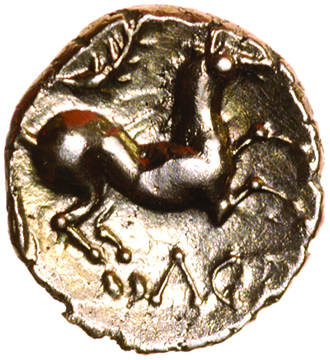 Agr Horse.c.AD25-35. Celtic gold quarter stater. 12mm. 1.36g.