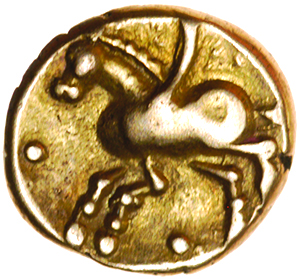Tasciovanos Pegasus. c.25 BC-AD 10. Celtic g32old quarter stater. 10mm. 1.33g. - Image 2 of 2