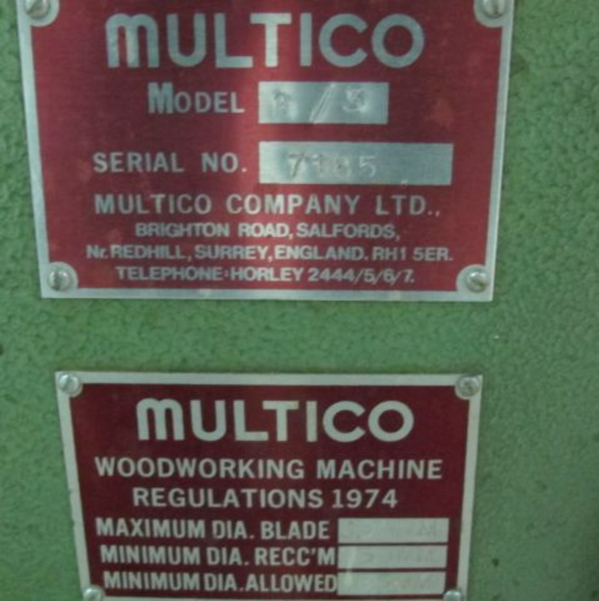 * Multico Model A/3 Circular Saw Bench; max blade diameter 300mm; serial number 7185; 3 phase - - Image 2 of 2