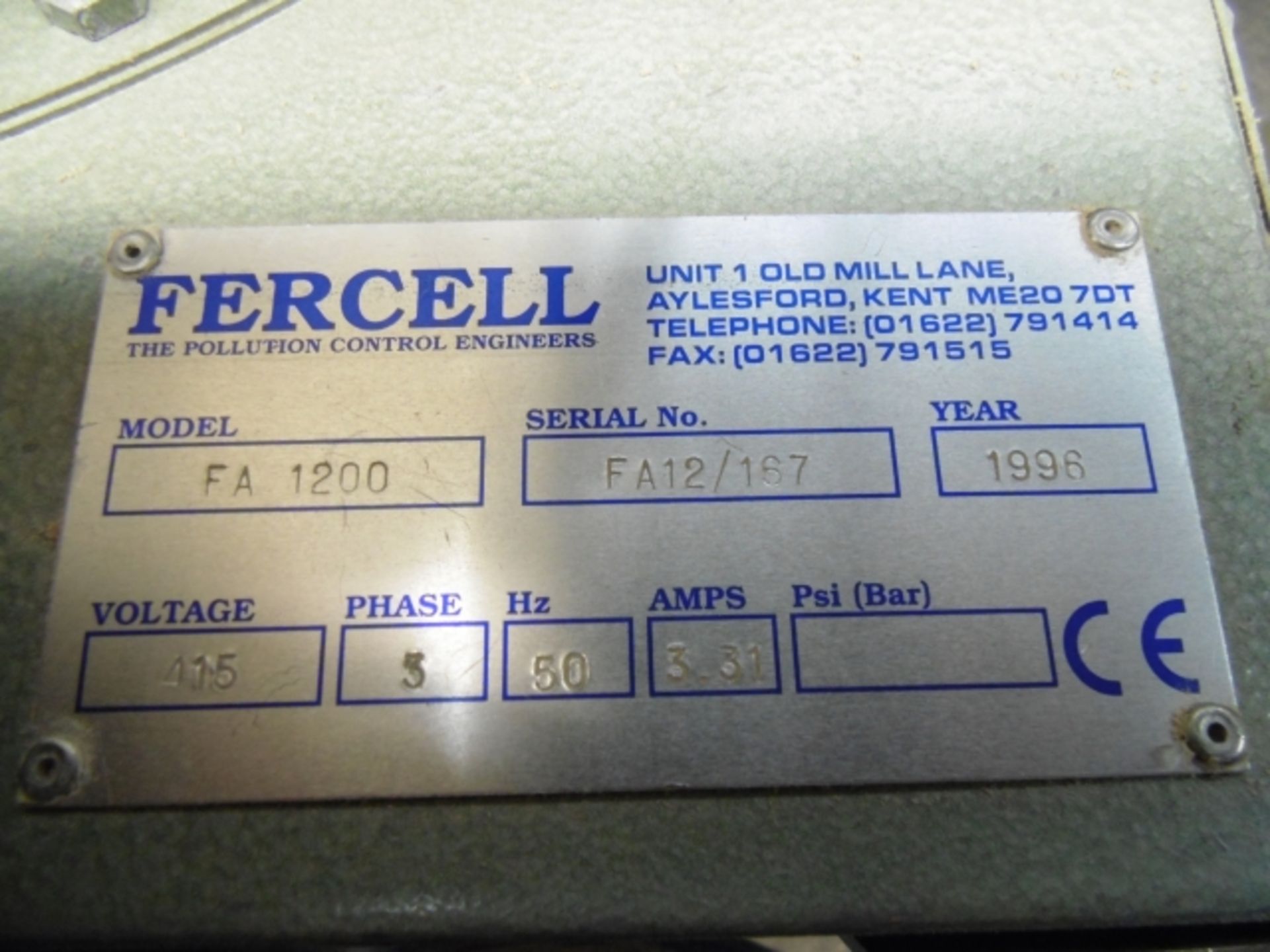 * Fercell Model FA 1200 Single Bag Dust Extraction Unit; 3 phase; serial number FA12/167. Please - Image 2 of 2