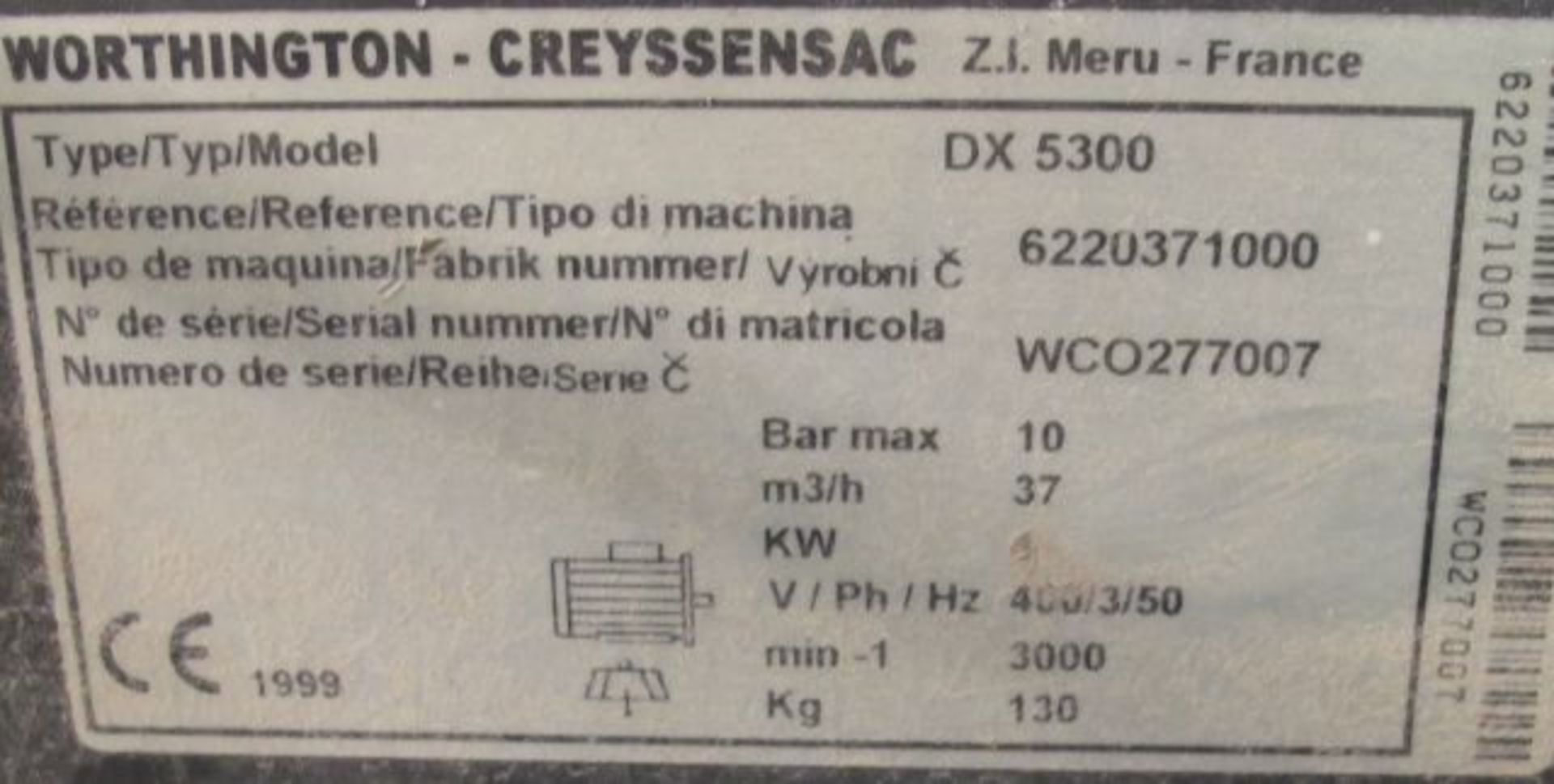 * Worthington Creyssensac Type DX5300 10 Bar Receiver Mounted Air Compressor, 3 phase; serial number - Image 2 of 2