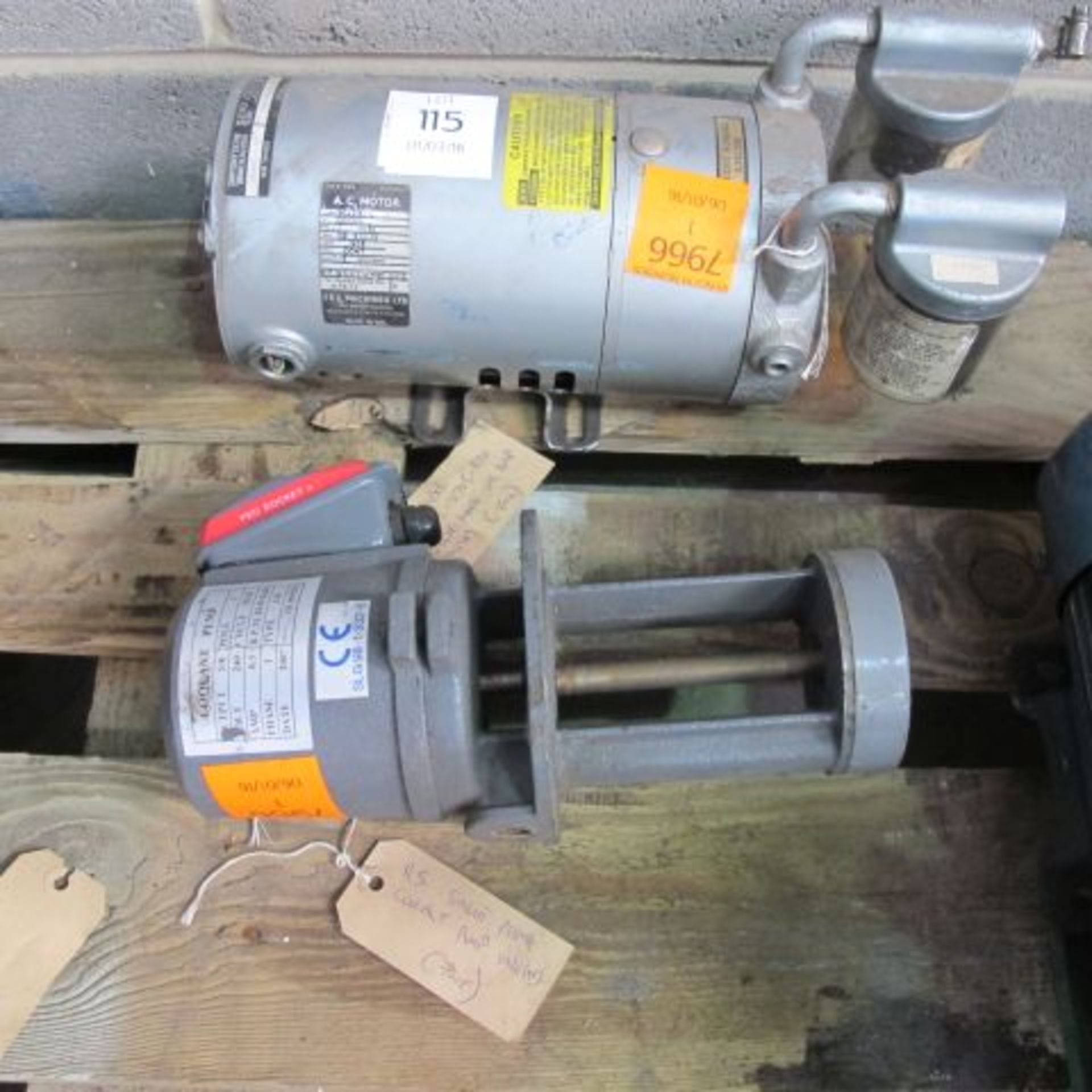 * An RS Single Phase Coolant Pump, unused, and a Gast Model 0522-V705 - N20 Single Phase Vac Pump,