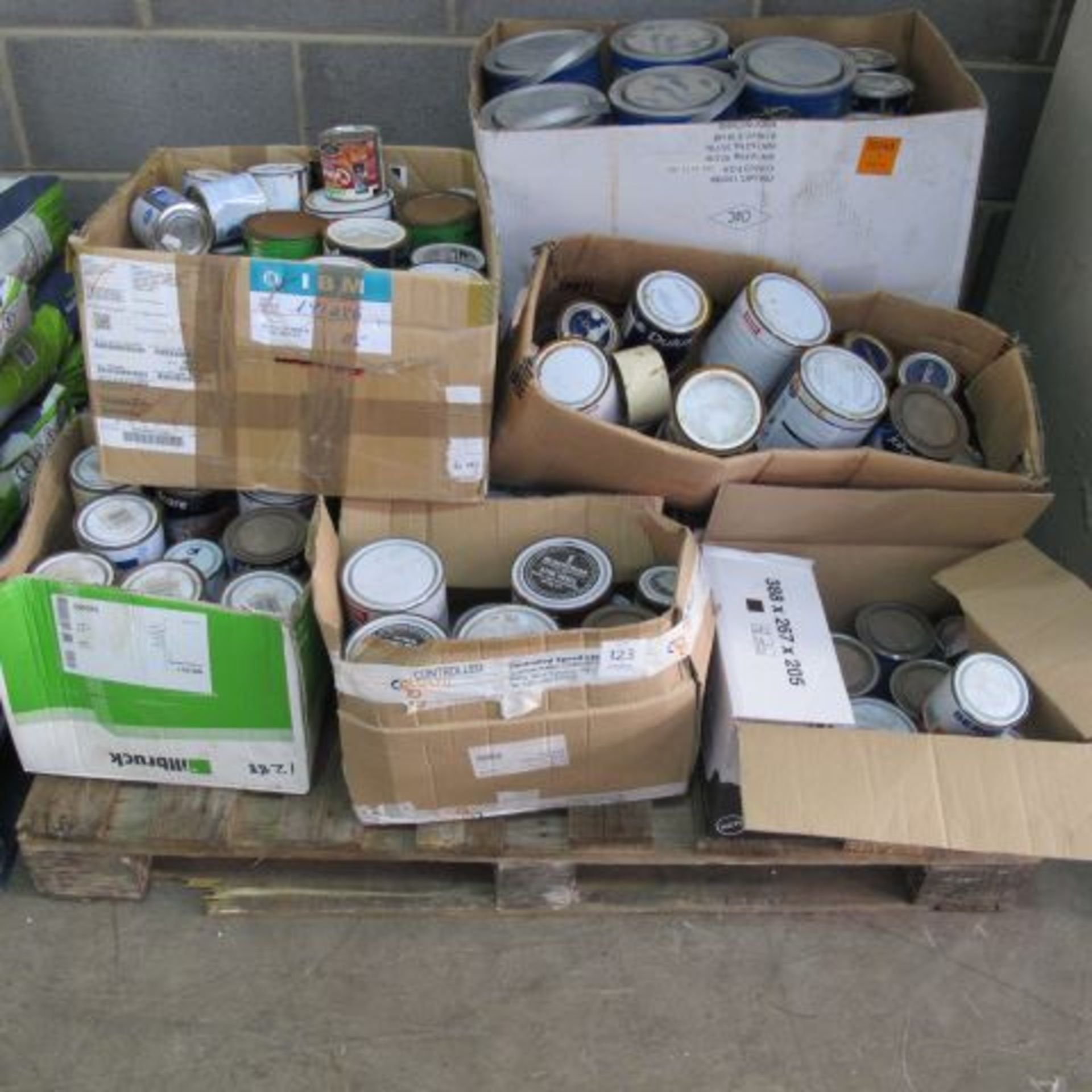 A pallet of various new and used paints. Please note there is a £10 plus VAT Lift Out Fee on this