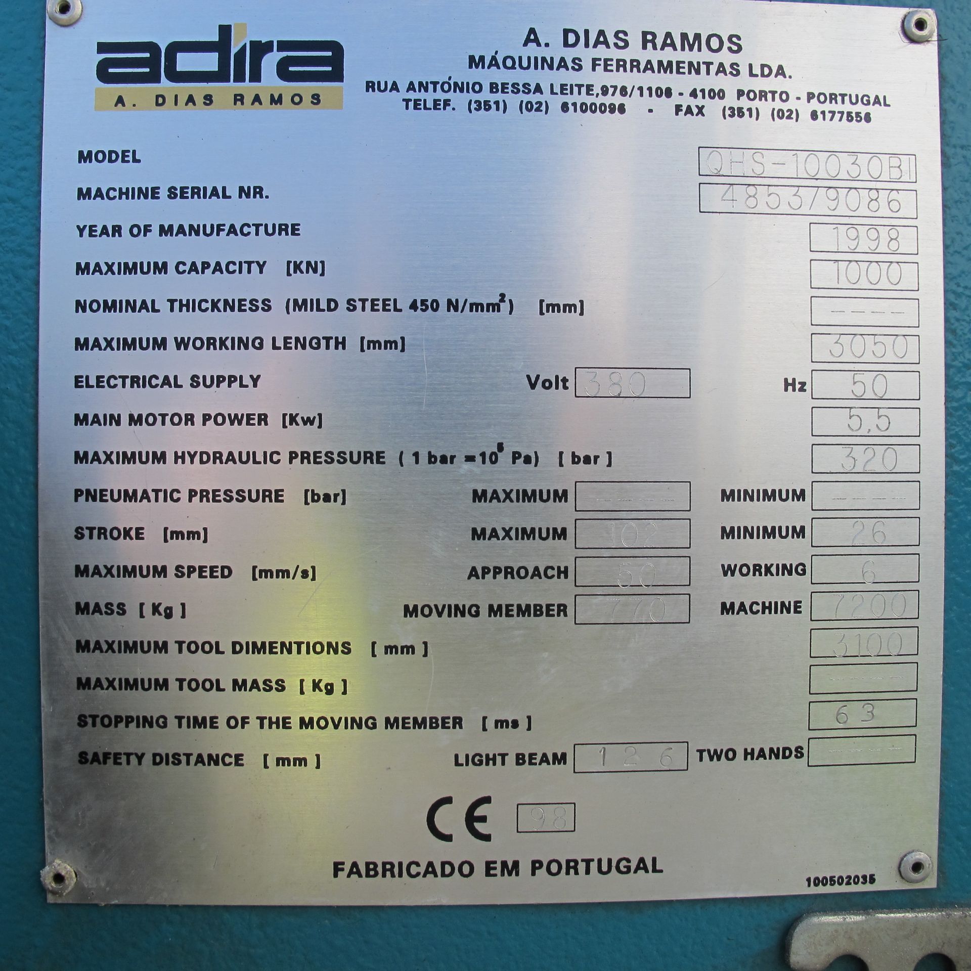 * 1998 Adira Model QHS 100030BI 3M x 100 tonne CNC Press Brake; max capacity 1000KN; max working - Image 7 of 10