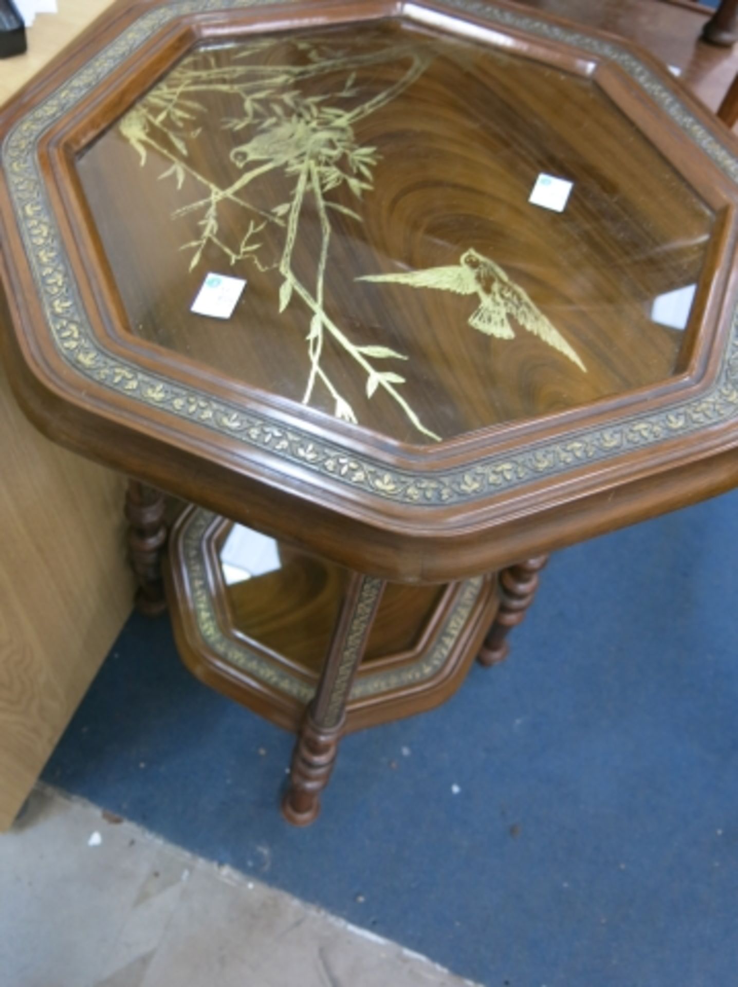 A dark wood Wine Table with decorative bird design, H75cm (est £30-£50)