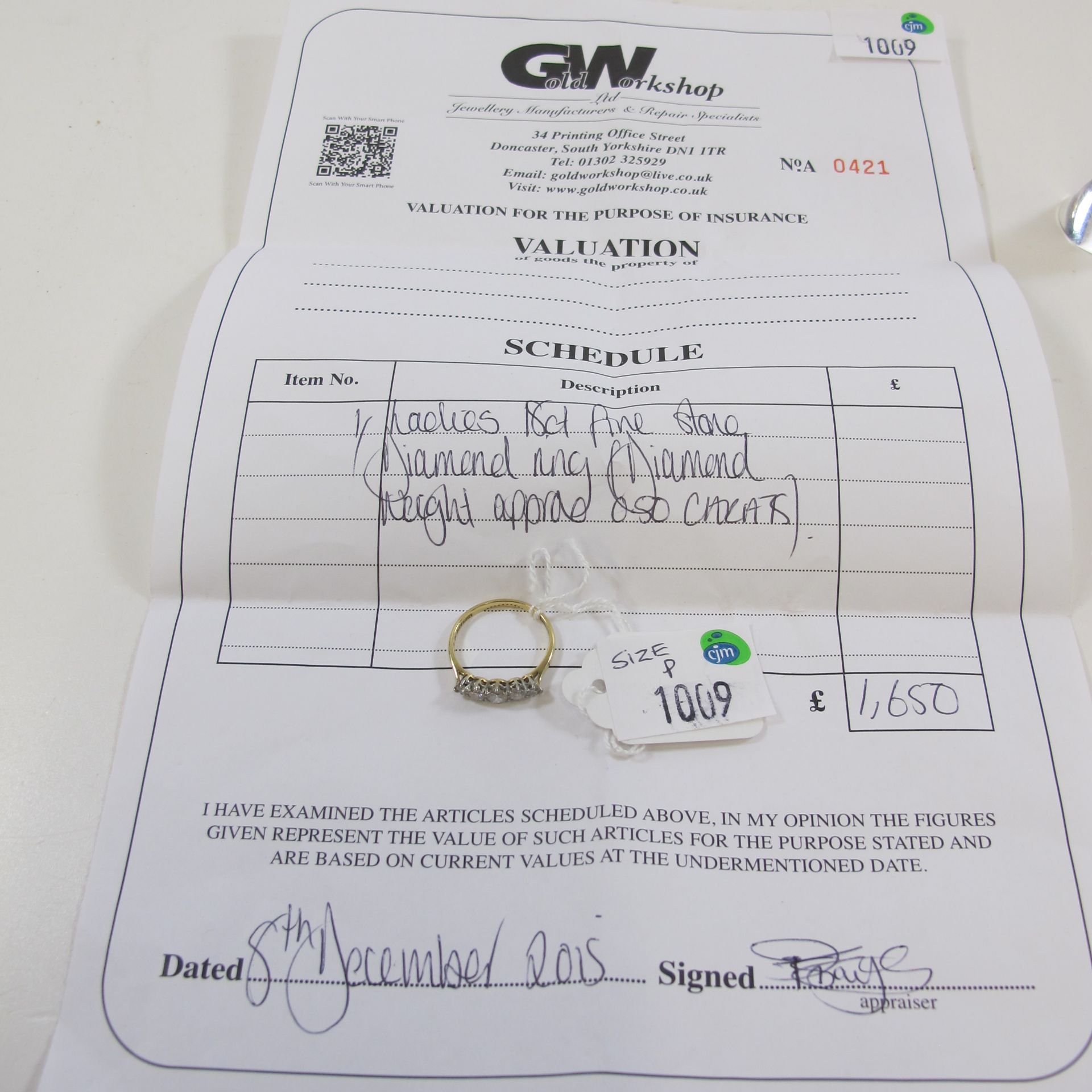 An 18ct gold ring with 50 points diamond. Valuation Certificate £1650 (size P) (est £300-£600) - Image 3 of 3