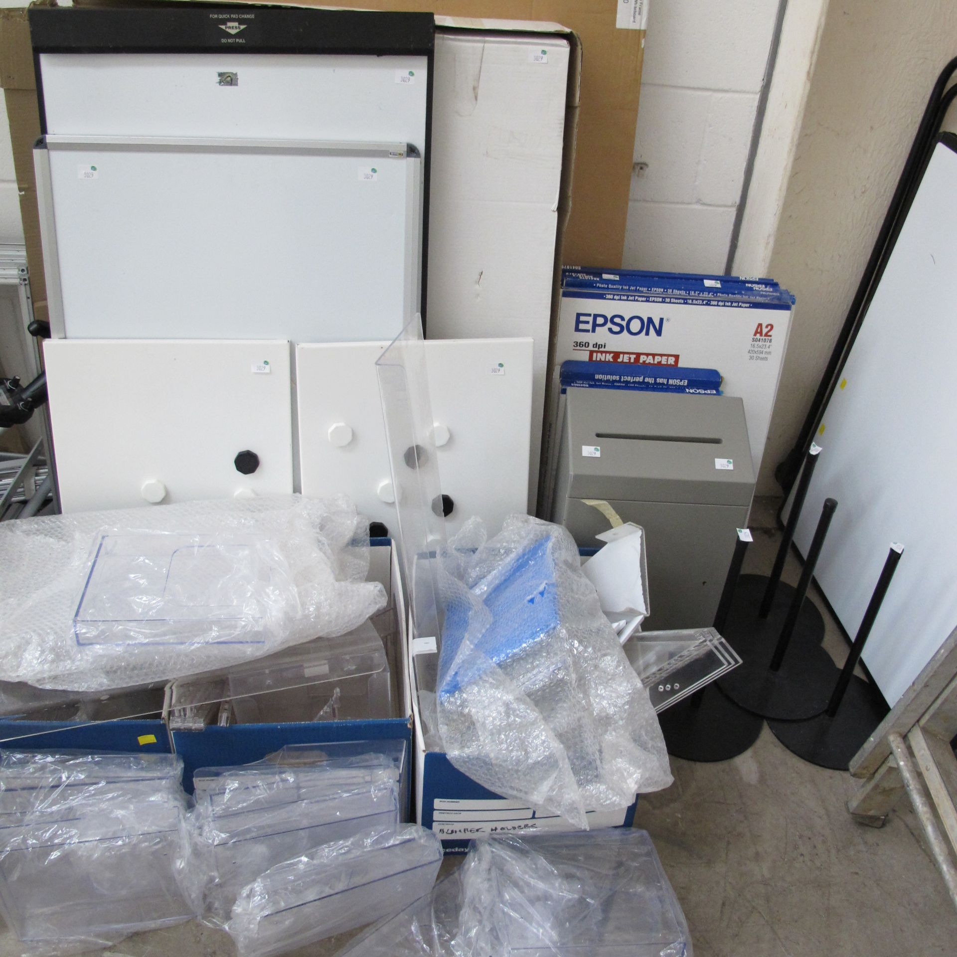 * A lot to include a boxed aluminium frame magnetic whiteboard (90cm x 120cm), two smaller