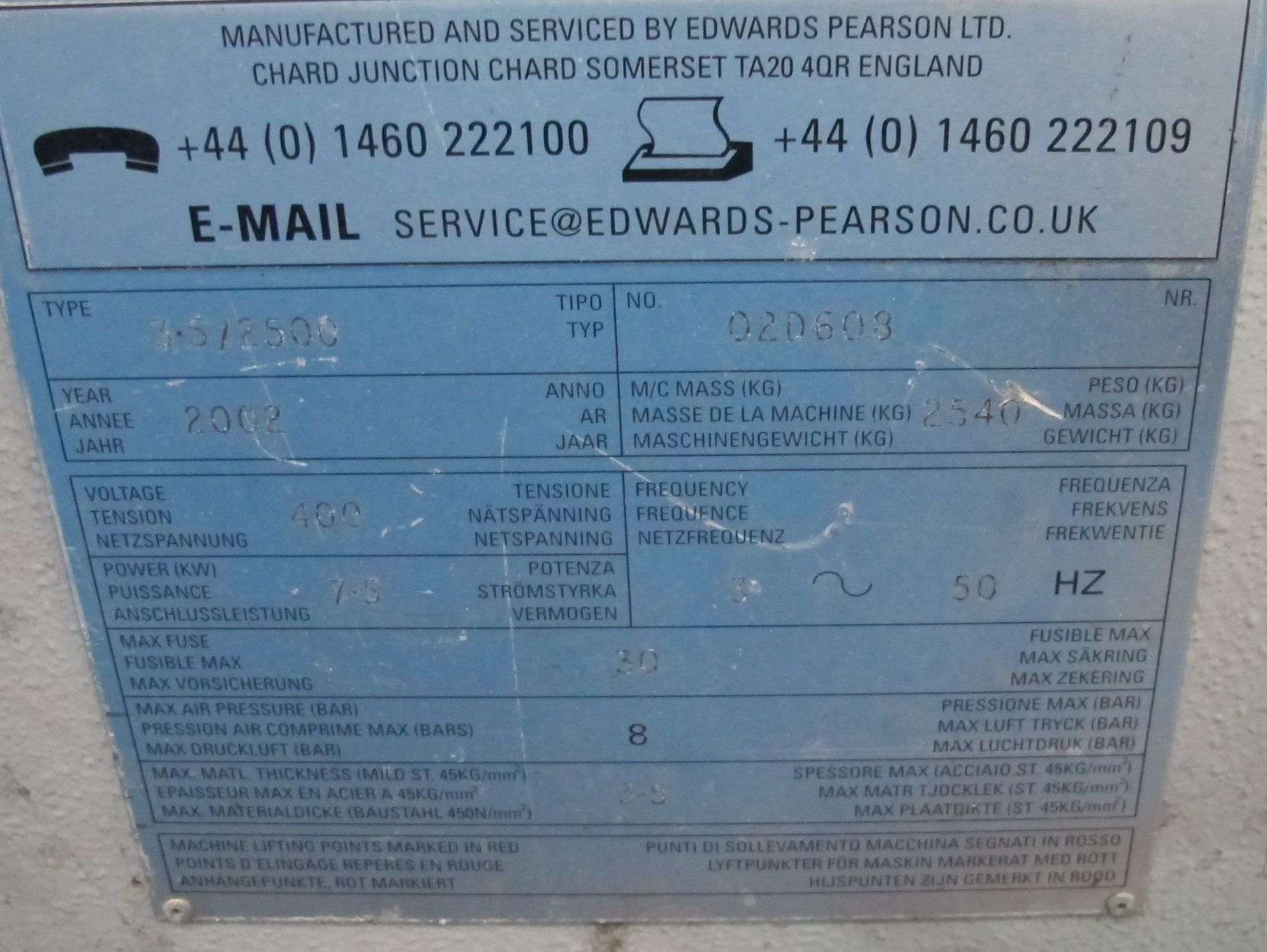 *2002 Edwards Pearson 2500 x 3.5mm Guillotine, serial number 02D608. This lot is sold on a 'Buyer To - Image 2 of 4