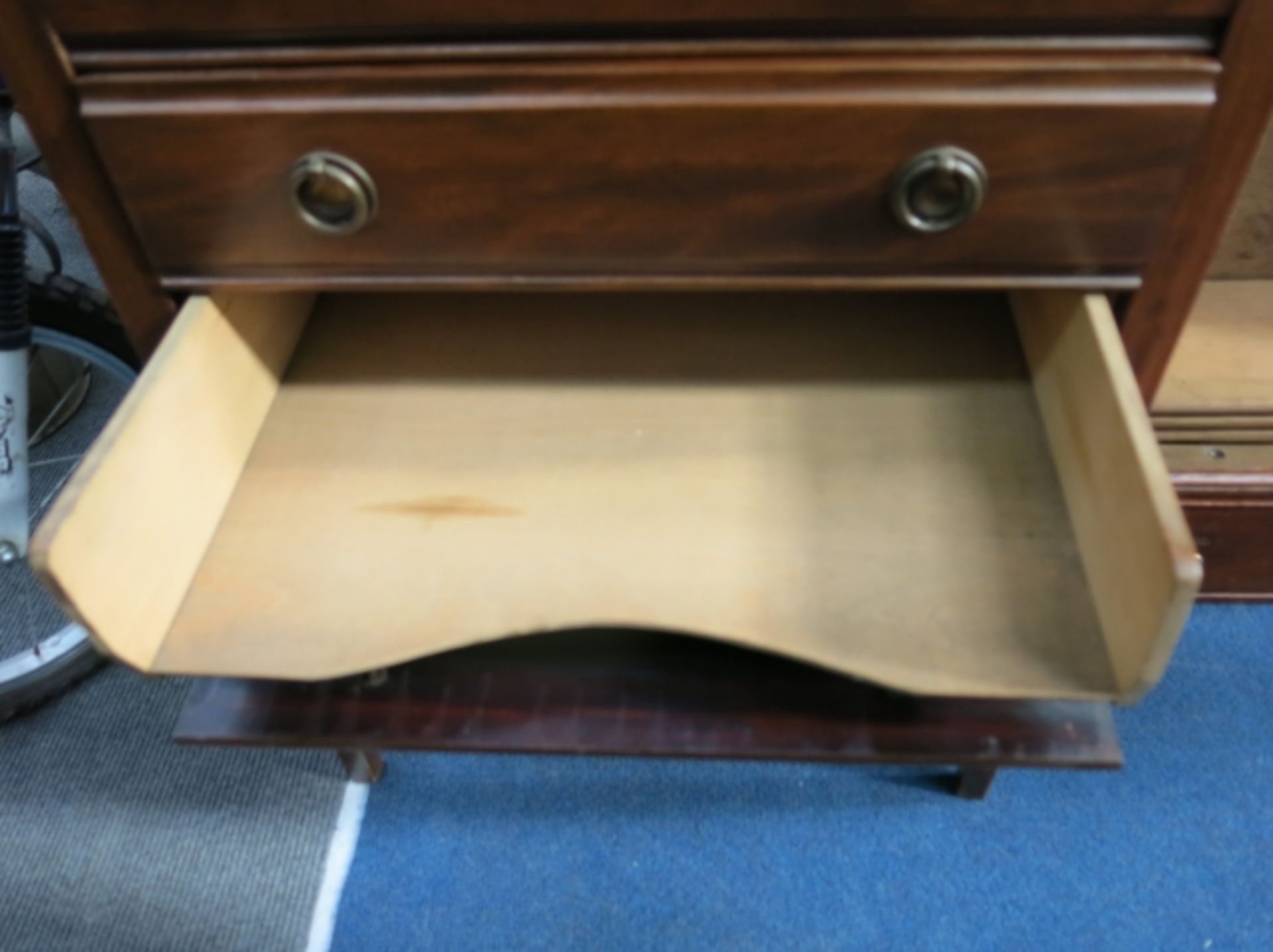 A mahogany three drawer unit with metal circular handles, the top and bottom drawers have drop - Image 2 of 4