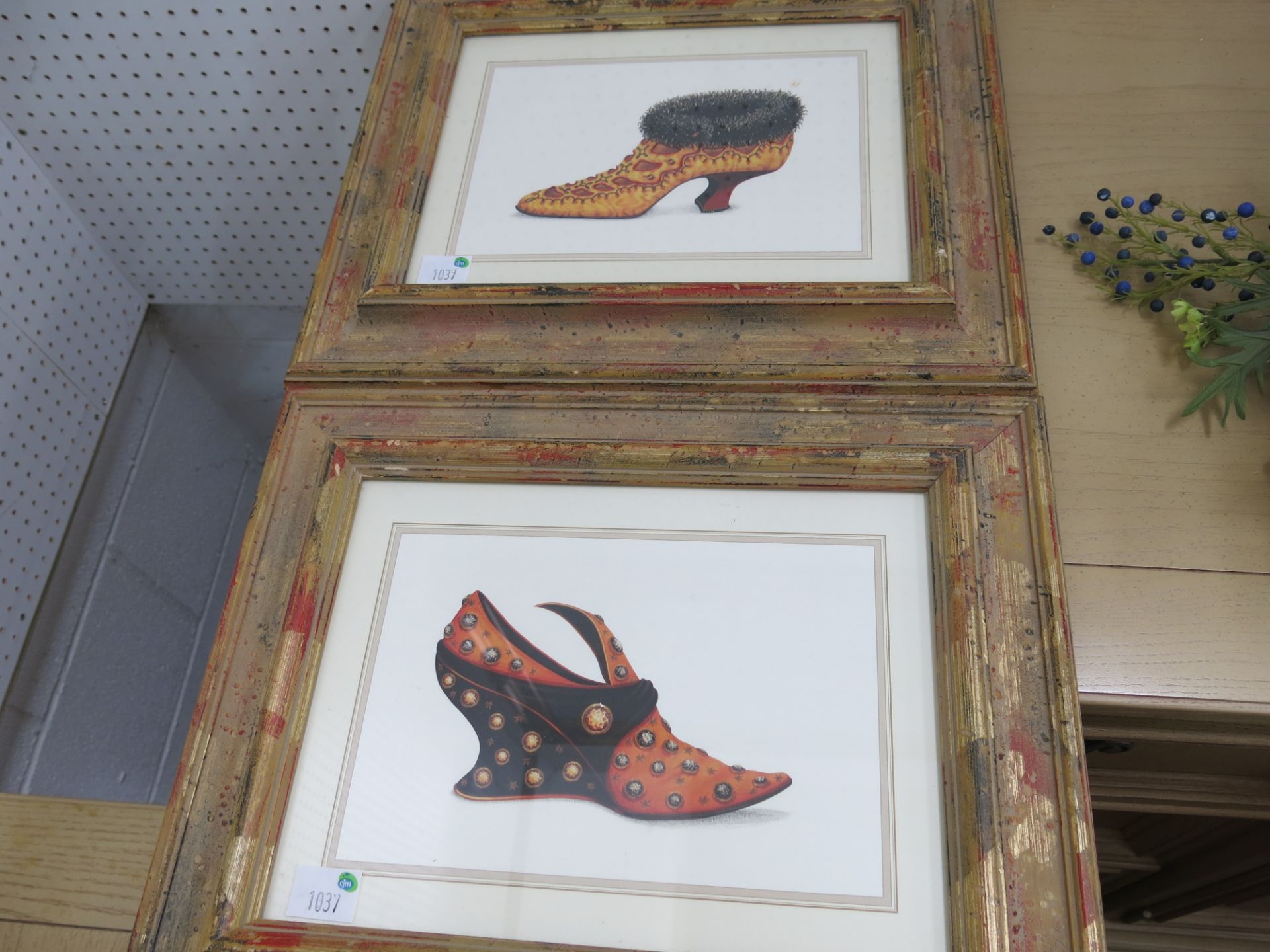 Two coloured prints entitled '19th Century French Shoes' by the artist Fiona Saunders (1995), 15.5cm