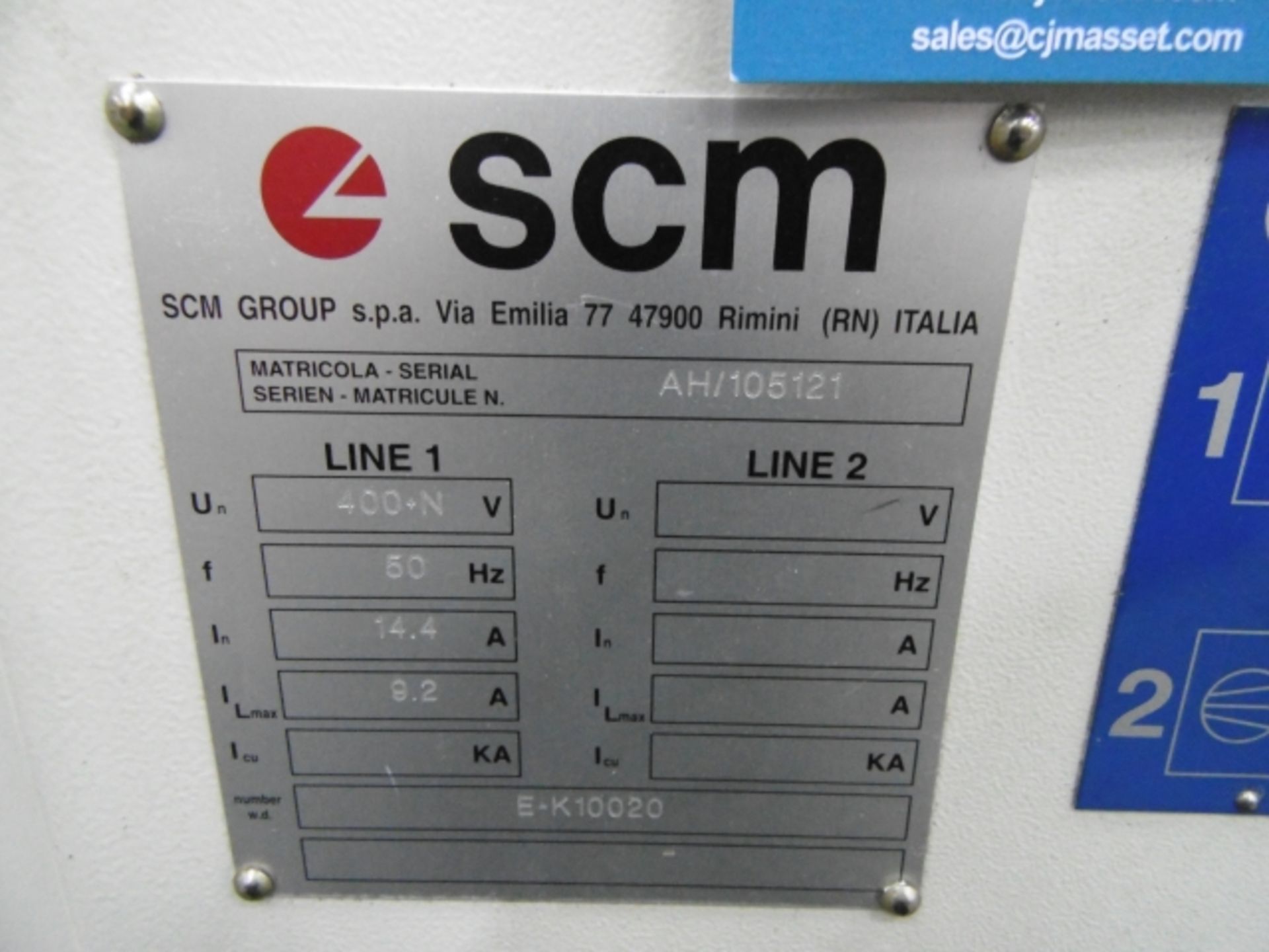 * SCM Model K201 Edge Bander; 3 phase; number W.D E-K10020; serial number AH/105121. Please note - Image 6 of 6