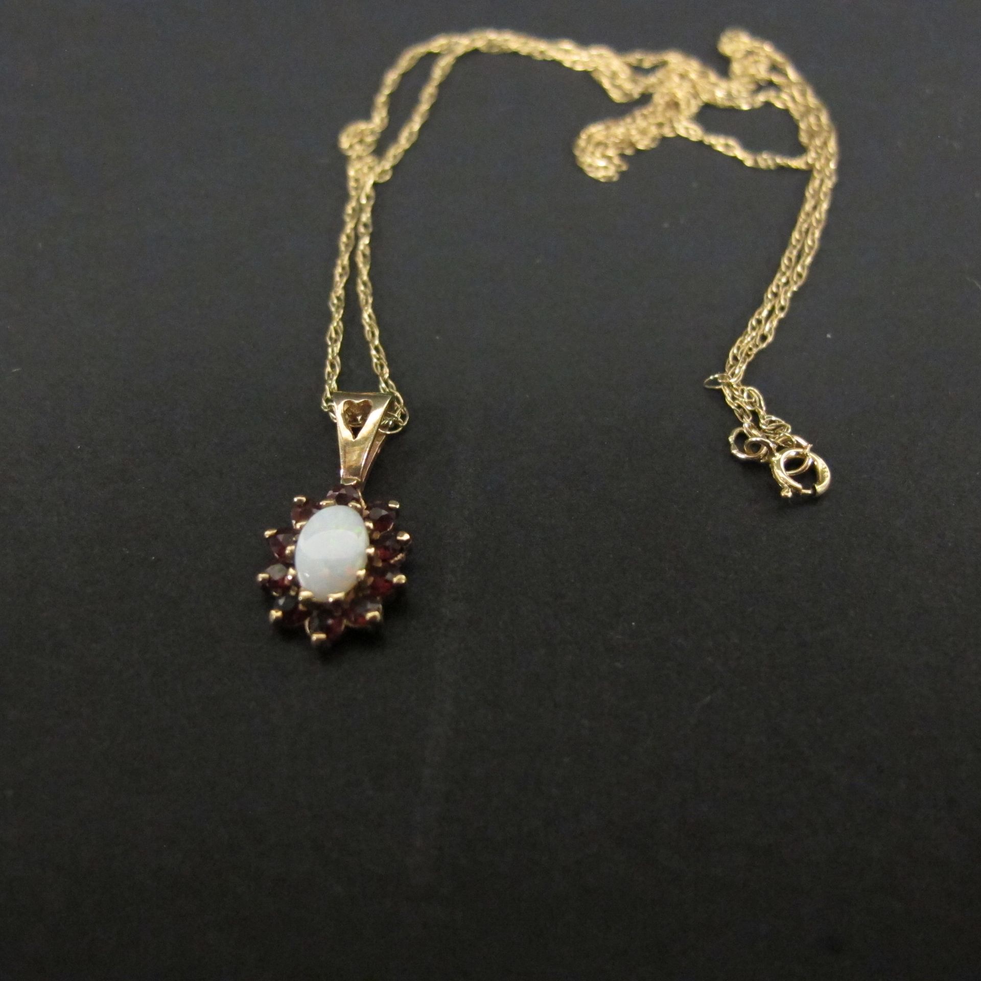 9ct gold, opal and garnet pendant on 9ct gold chain (est £30-£60)