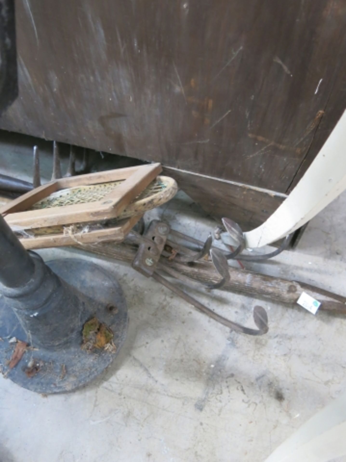 A mixed lot to include a large white painted wooden planter, garden tools (4), racket  and press, - Image 6 of 6