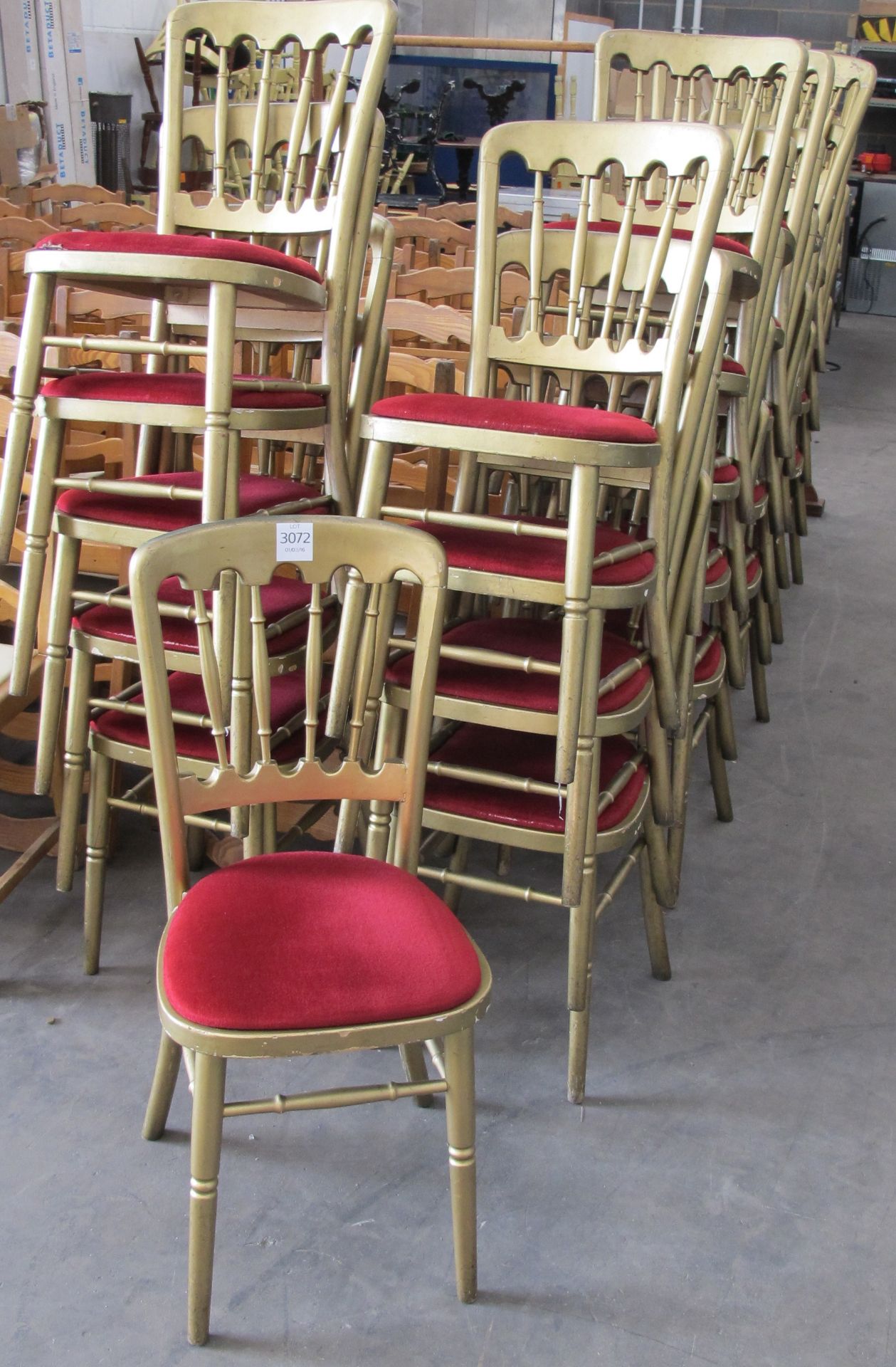 * Approx 35 x wooden gold and red upholstered chairs c/w wooden clothes rail