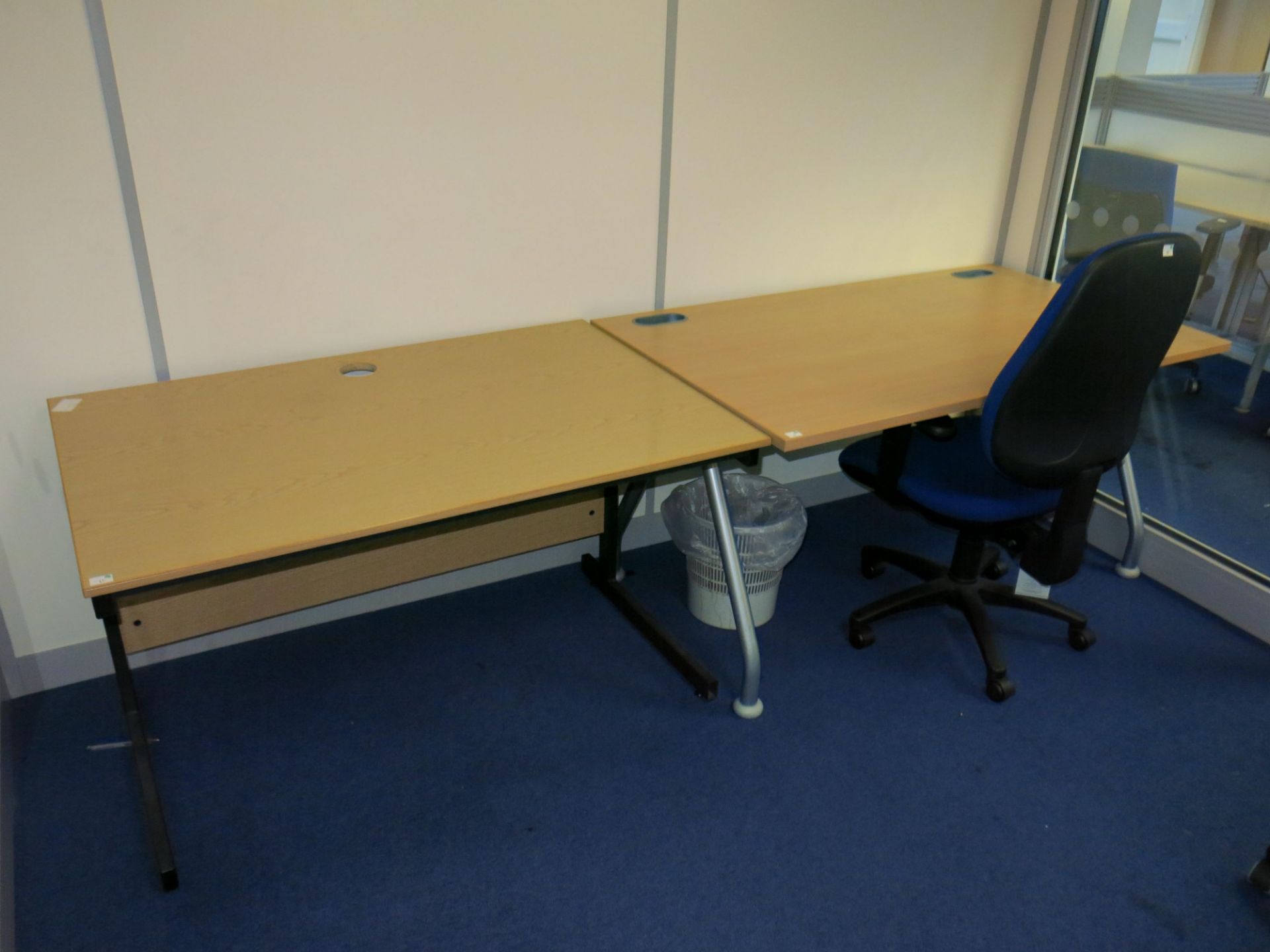 * 2 x Straight edge desks with tubular legs, another desk and 2 x operators chairs