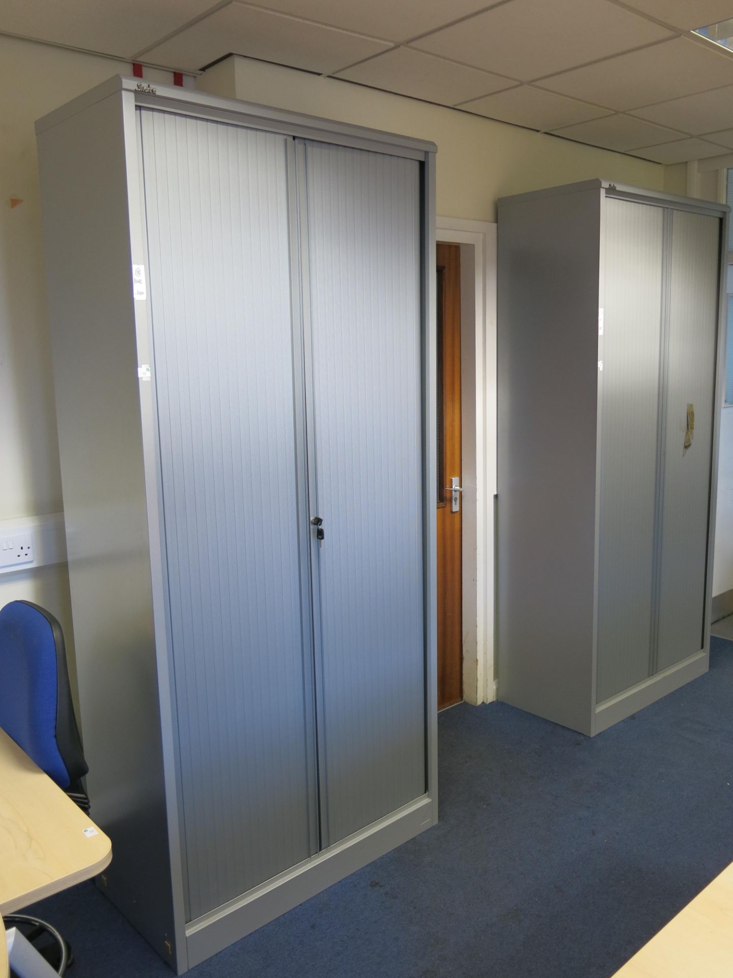 * 2 x Silverline tambour fronted suspended filings cabinets (2.2m x 1m) - one requires repair to one