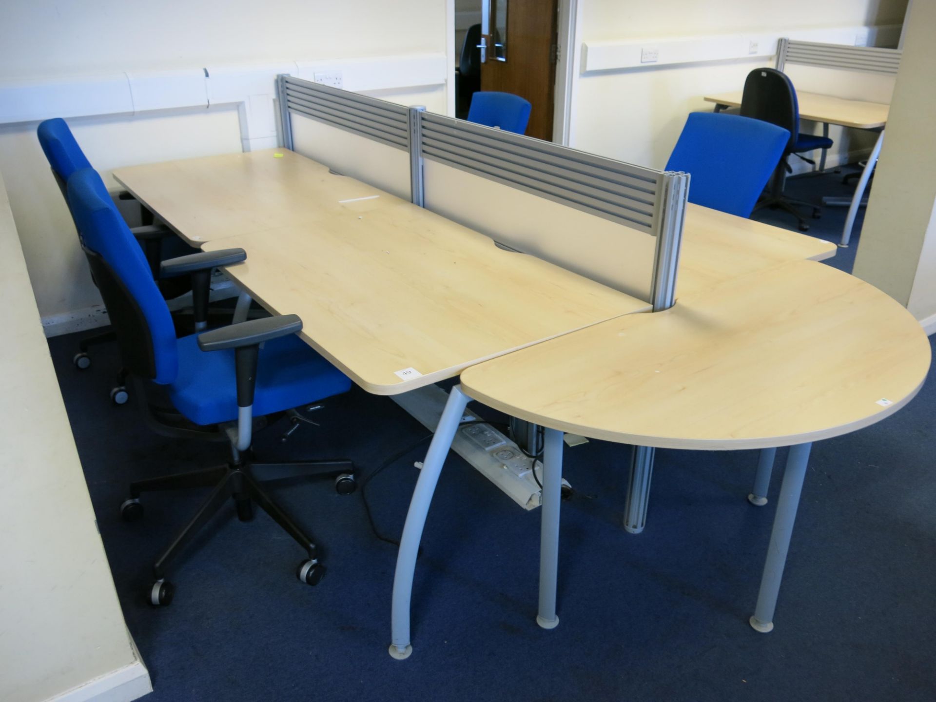 * 4 Person desk pod by Senator with semi-circular end table and 4 x Senator blue upholstered - Image 3 of 5