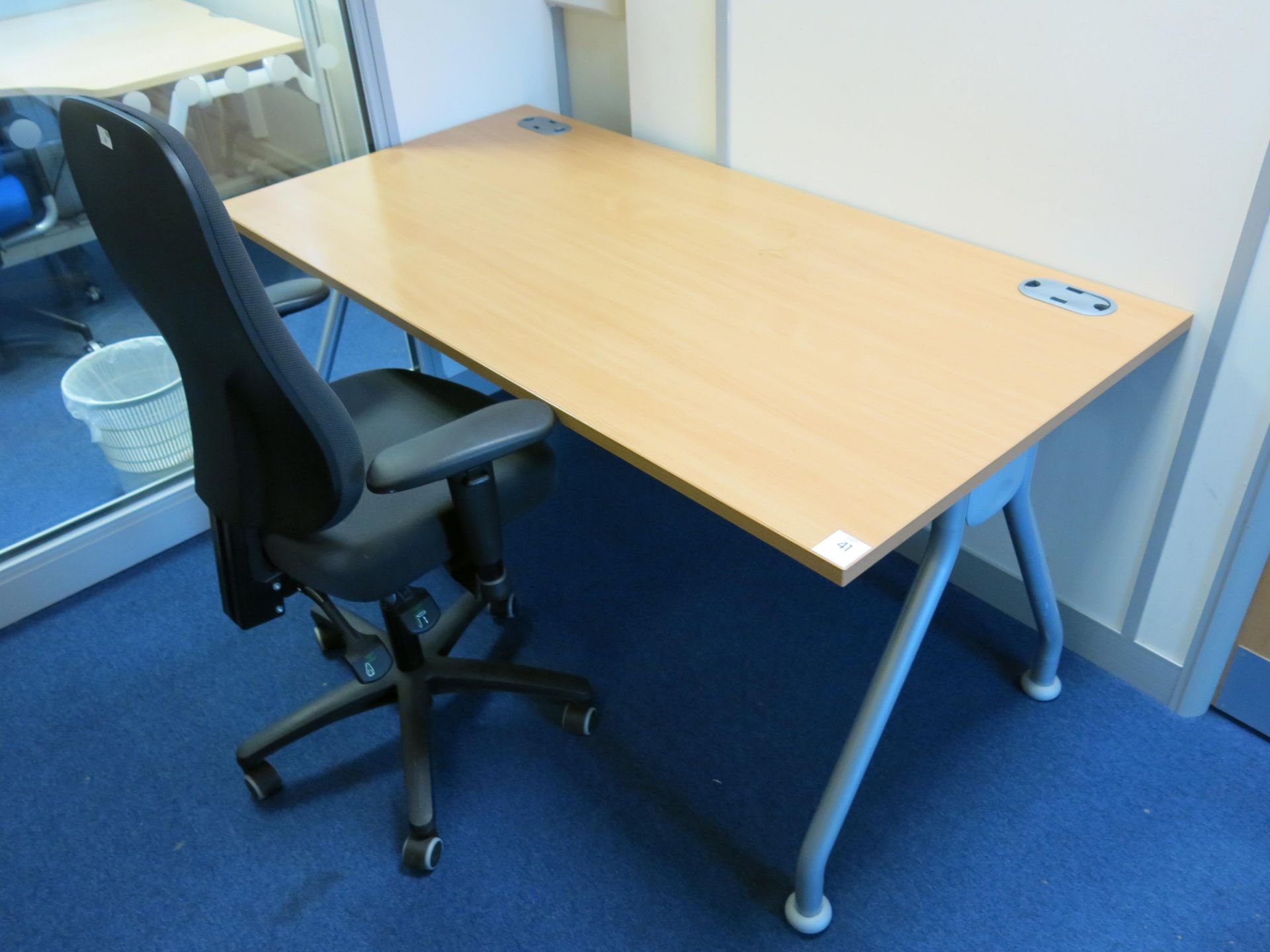 * 2 x Straight edge desks with tubular legs, another desk and 2 x operators chairs - Image 2 of 2