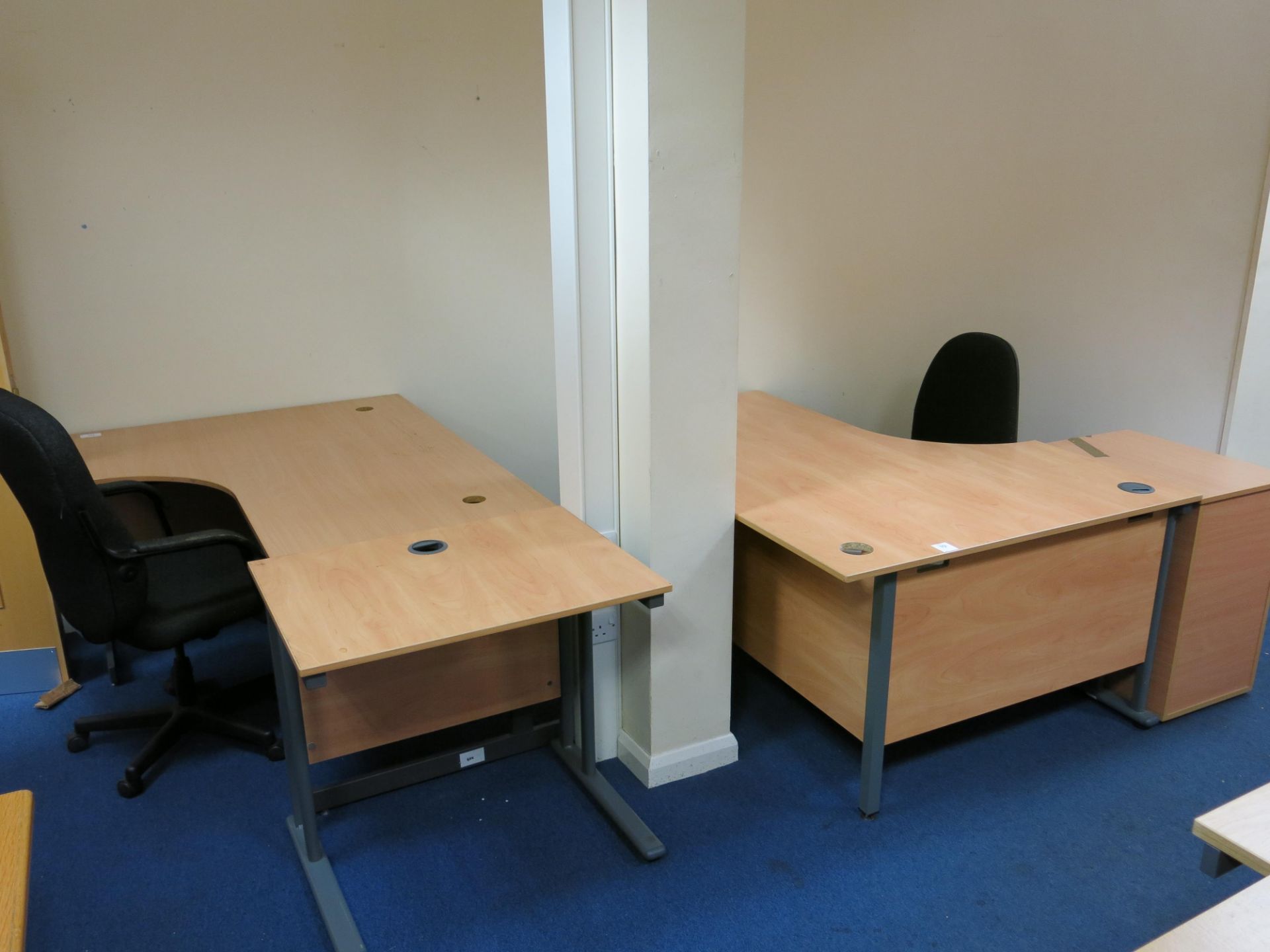 * L-shaped desk with matching side table, 2 x chairs, pedestal unit and an L-shaped desk