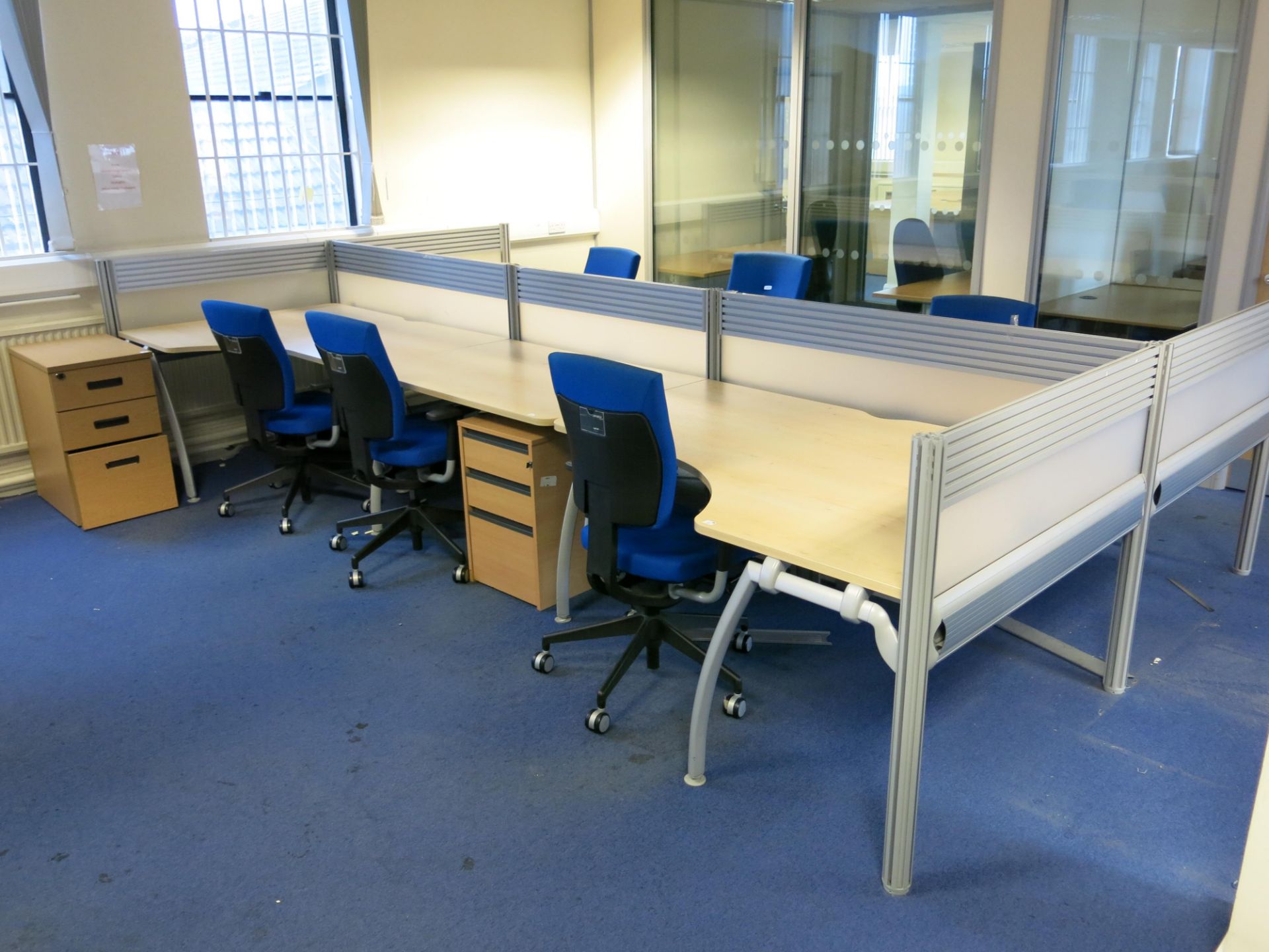 * 6 Person desk pod by Senator with 6 x Senator blue operators chairs and 2 x three drawer - Image 2 of 4