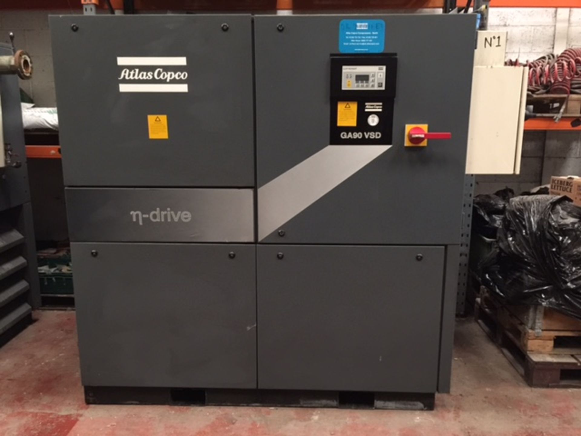 * 1998 Atlas Copco Model GA90 VSD Oil Injected Rotary Screw Compressor. Serial number AII490898,