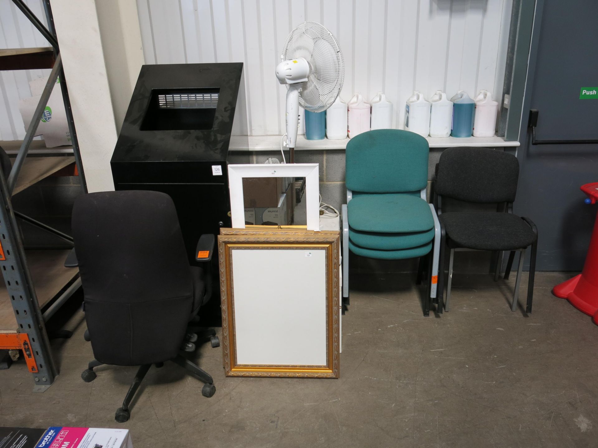 * 3 x Green & 1 brown meeting room chairs, 1 small table, 2 x fans & a display touch screen/TV unit