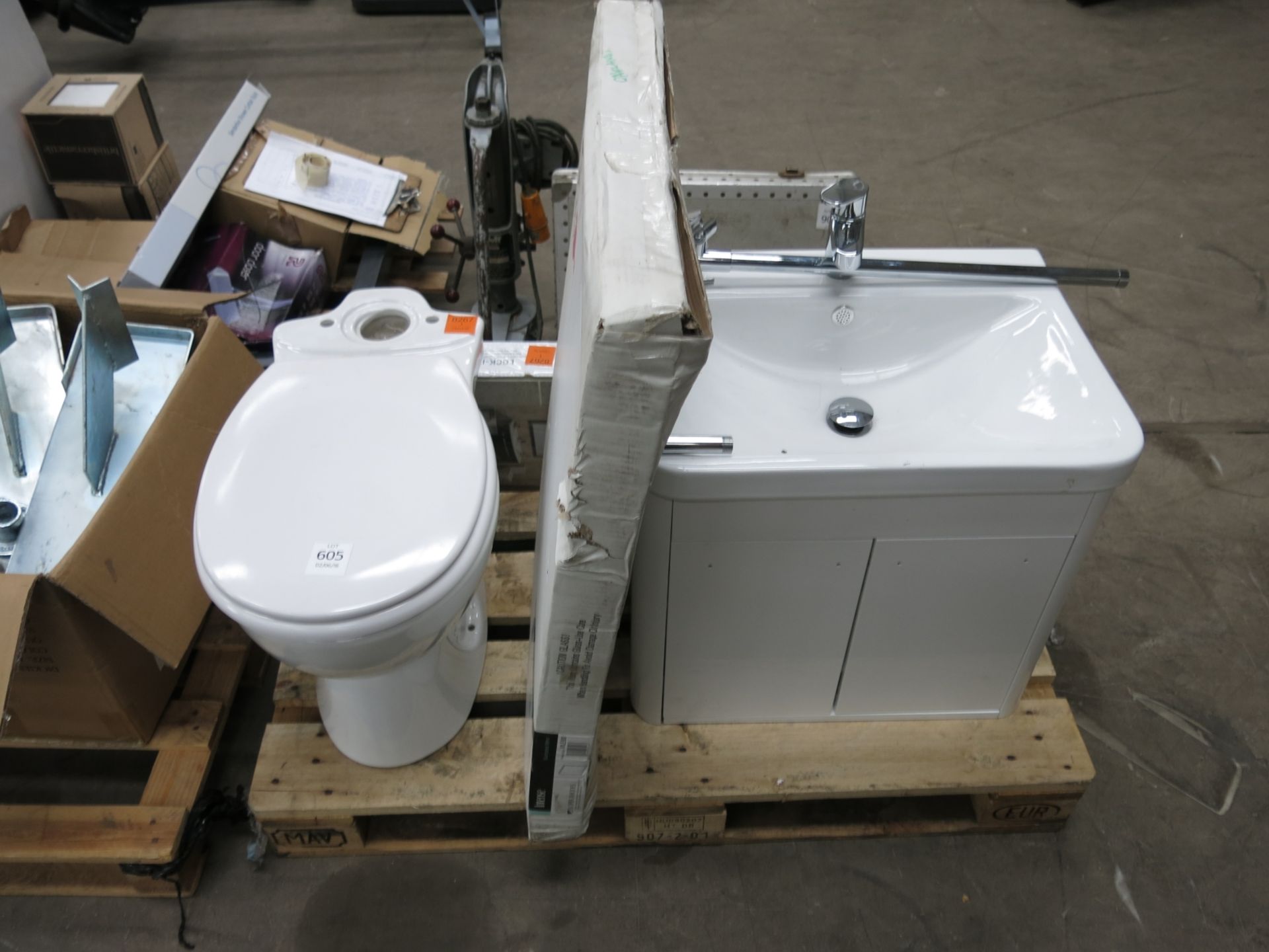 A Pallet to contain unused Toilet, Intense Illuminated Heated Demister Mirror, Sink Unit, 1 x Pack
