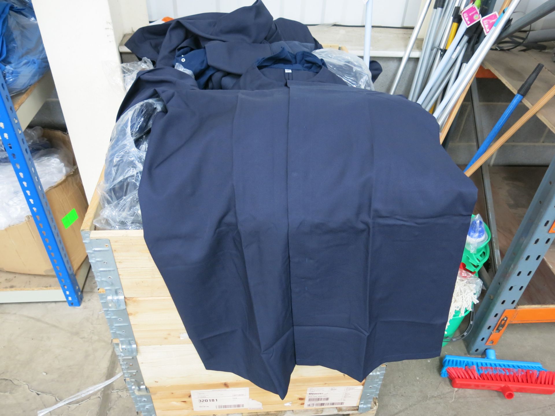 * A pallet of various sized blue dust coats with attached hoods. Please note there is a £10 + VAT - Image 2 of 4