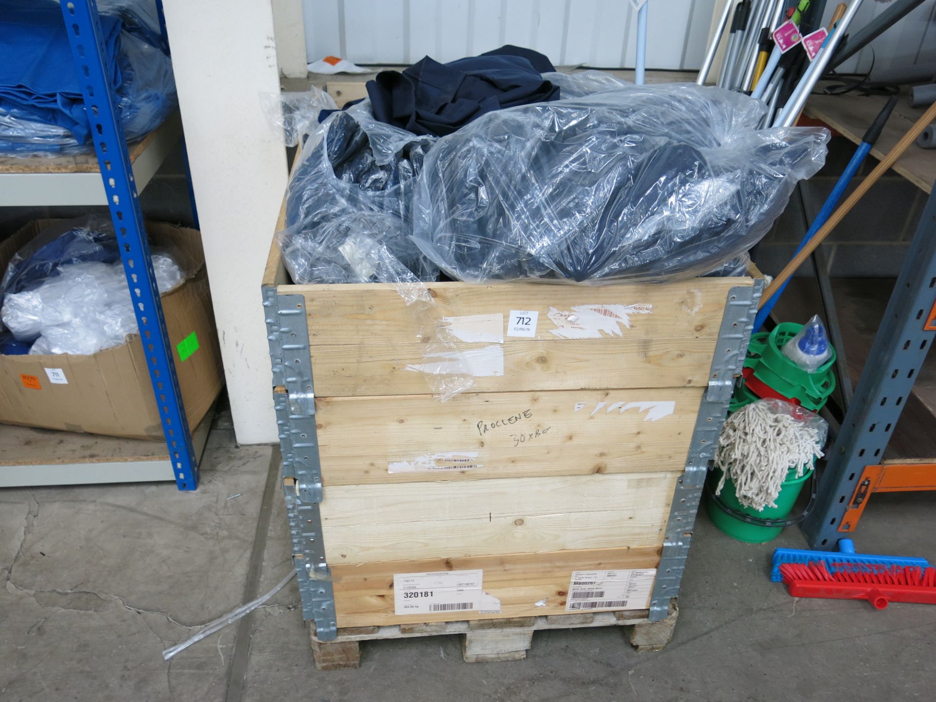 * A pallet of various sized blue dust coats with attached hoods. Please note there is a £10 + VAT