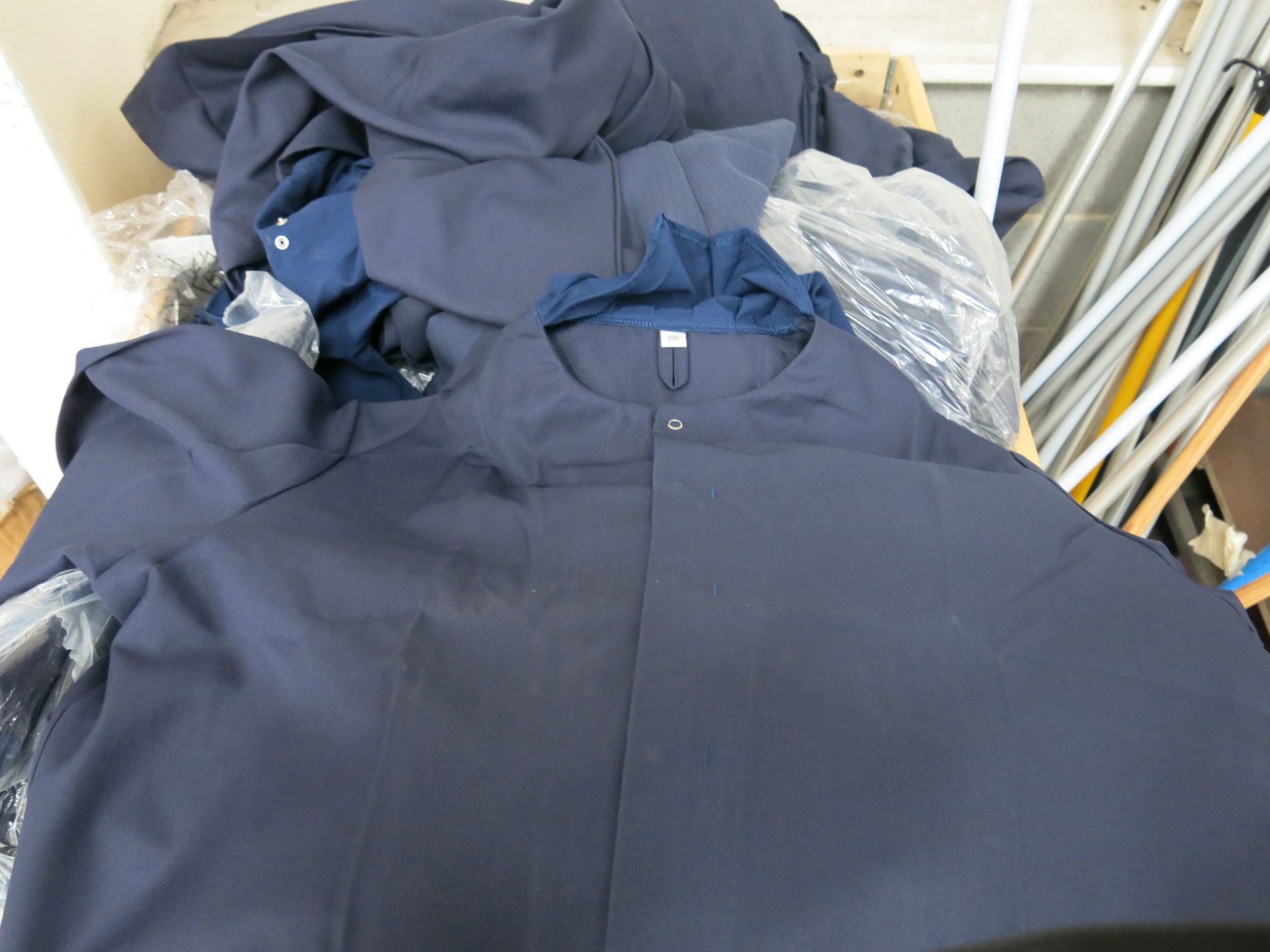 * A pallet of various sized blue dust coats with attached hoods. Please note there is a £10 + VAT - Image 3 of 4