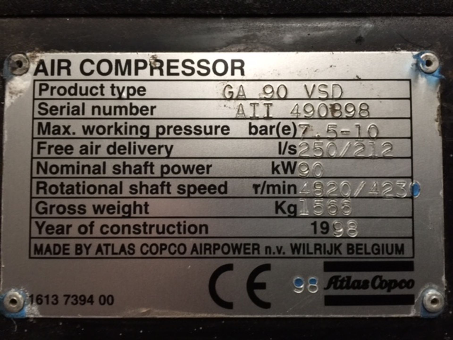 * 1998 Atlas Copco Model GA90 VSD Oil Injected Rotary Screw Compressor. Serial number AII490898, - Image 3 of 4