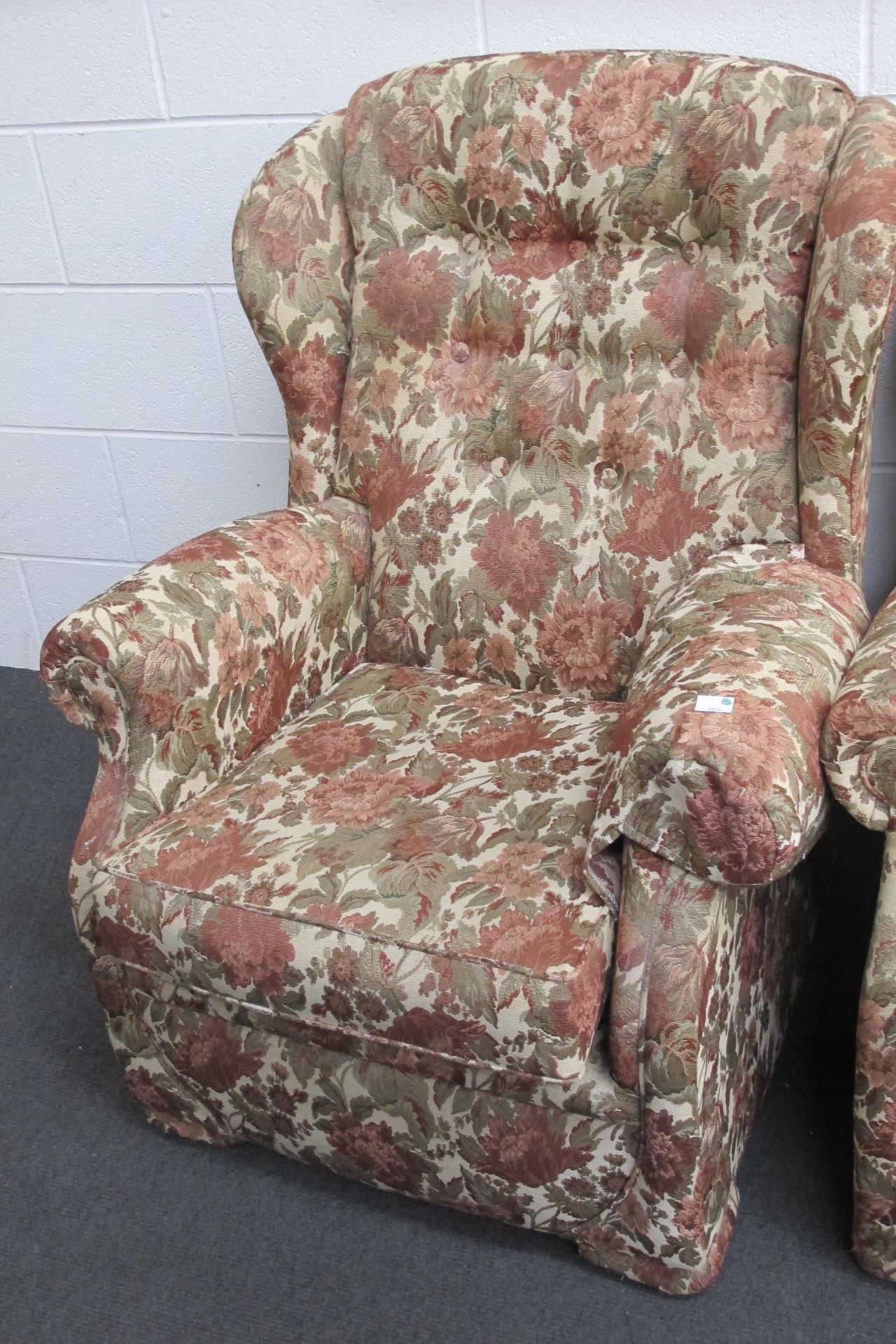 A fabric covered three piece suite - a two seat settee & two wing back armchairs all with floral - Image 4 of 5