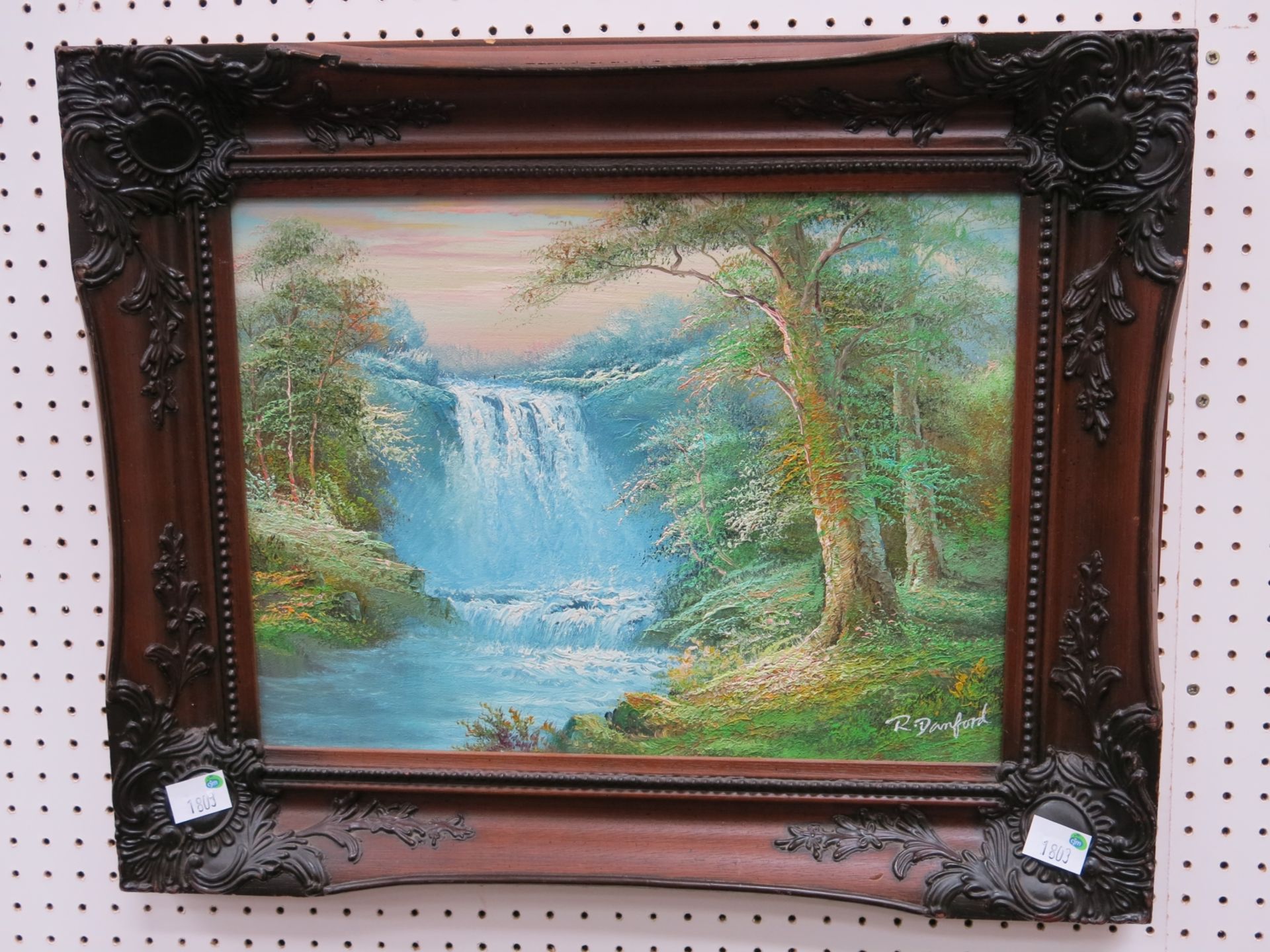 An original oil on canvas of a Canadian scene with falling water & trees by the artist R Danford,