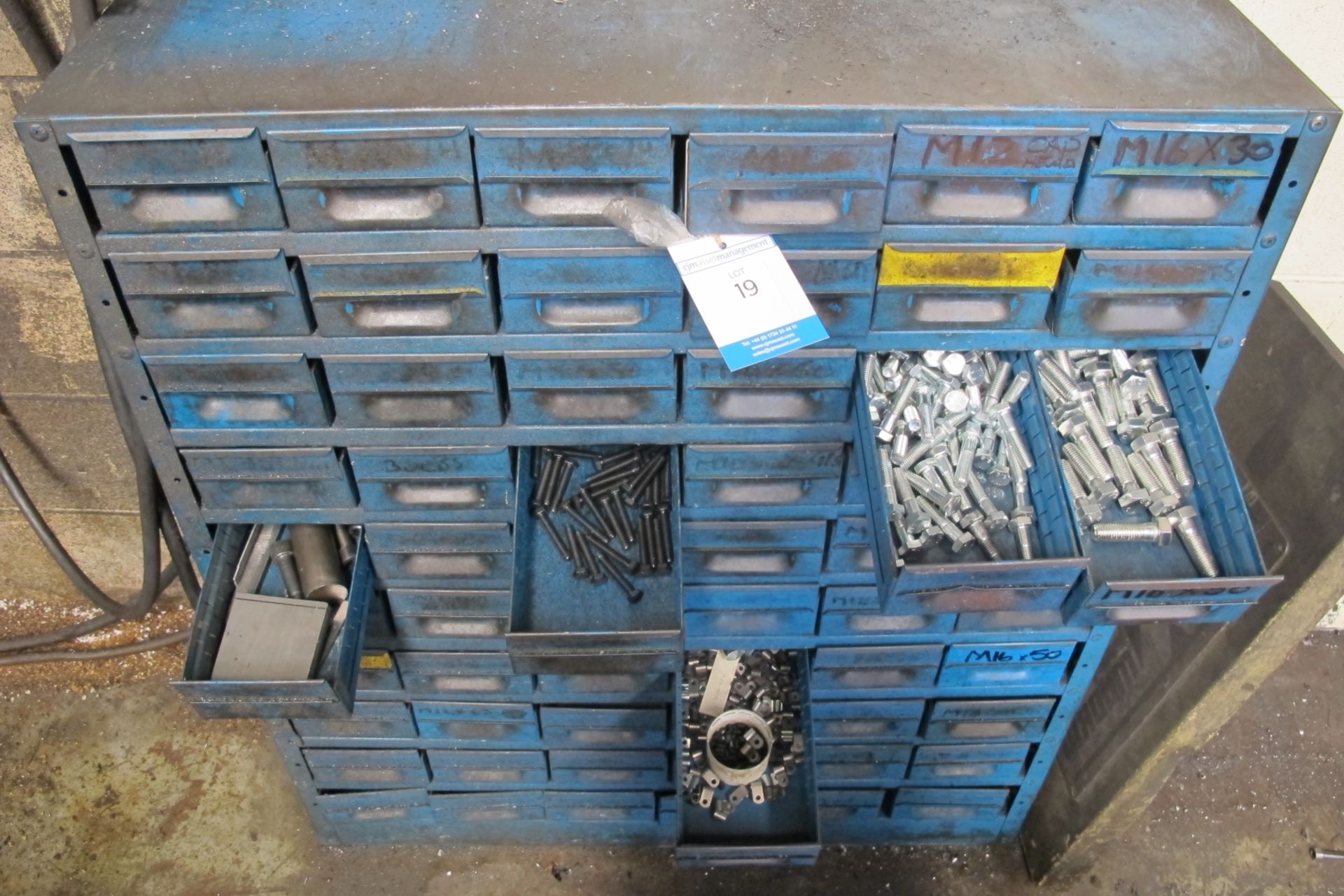 * Metal Sixty-Drawer Parts Cabinet & qty of Hardware. Please note there is a £5 + VAT Lift Out Fee