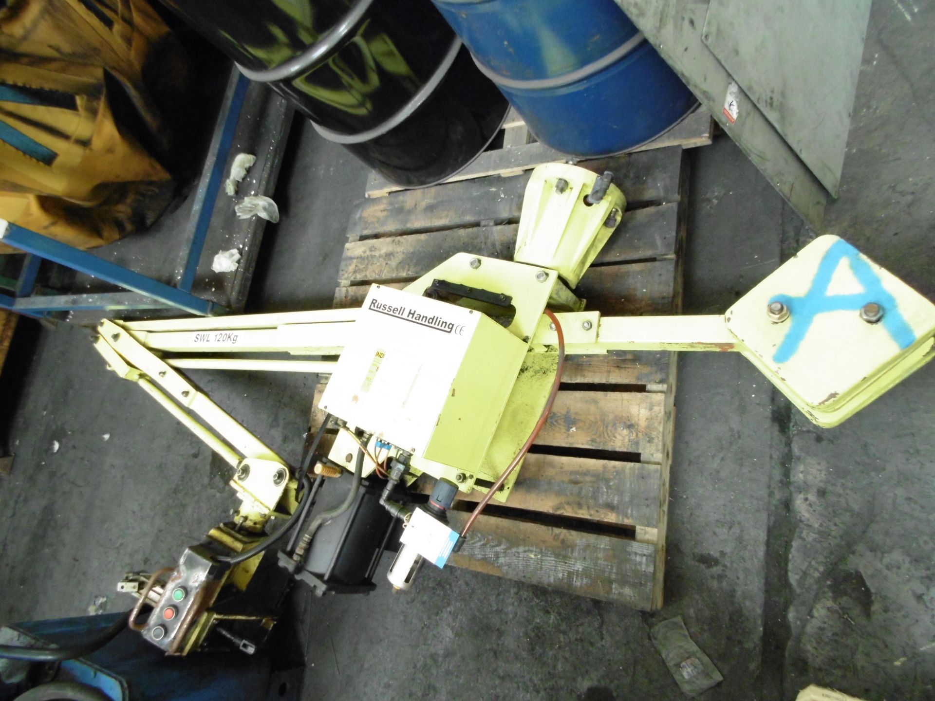 * Russell Handling Type RWH150 Pneumatic Handling Arm; SWL 120KG. Please note there is a £10 plus