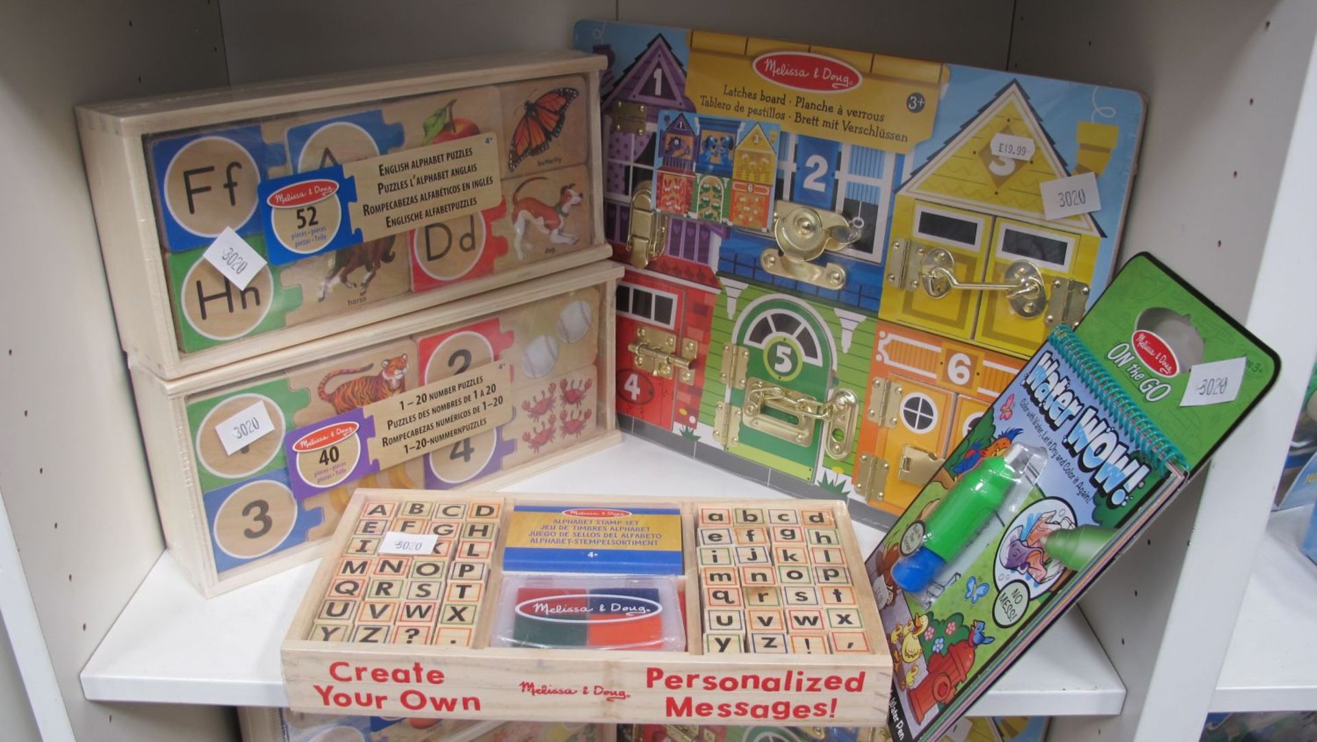 * 5 x 'Melissa & Doug' toys - Alphabet Puzzles, 1-20 Number Puzzles, Latches Board (RRP £19.99),