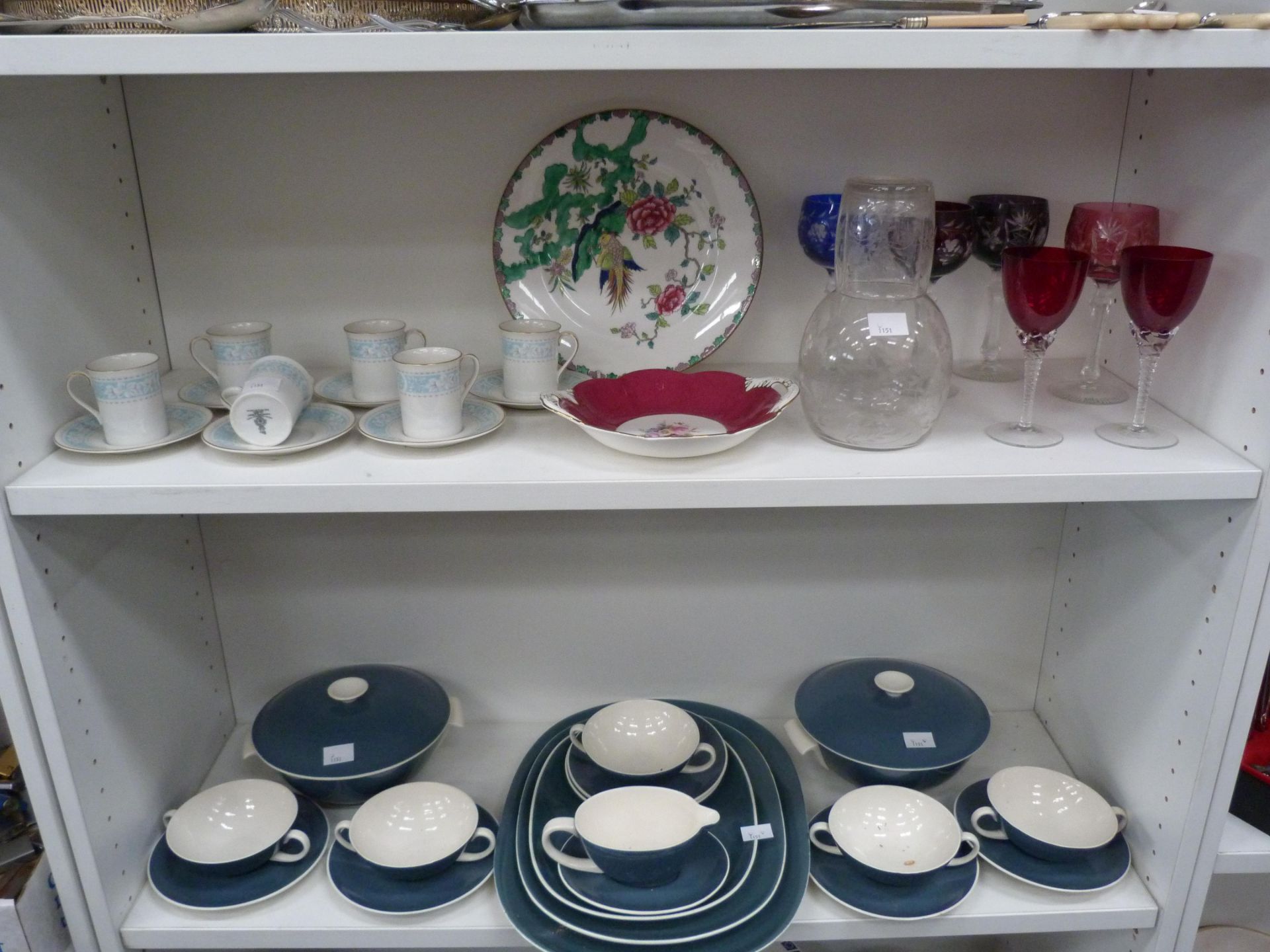Five shelves to include 6 x Royal Doulton teacups & saucers, Coalport bowl, Poole dinner service,