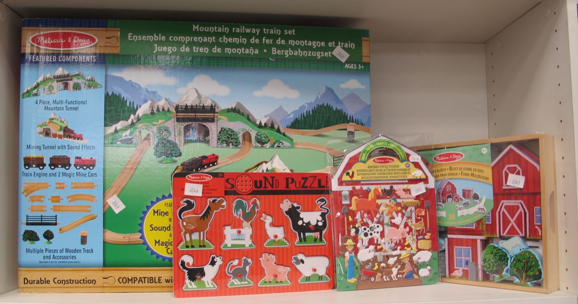 * 4 x 'Melissa & Doug' toys - Mountain Railway Train Set, Wooden Farm Blocks (RRP £19.99), Sound