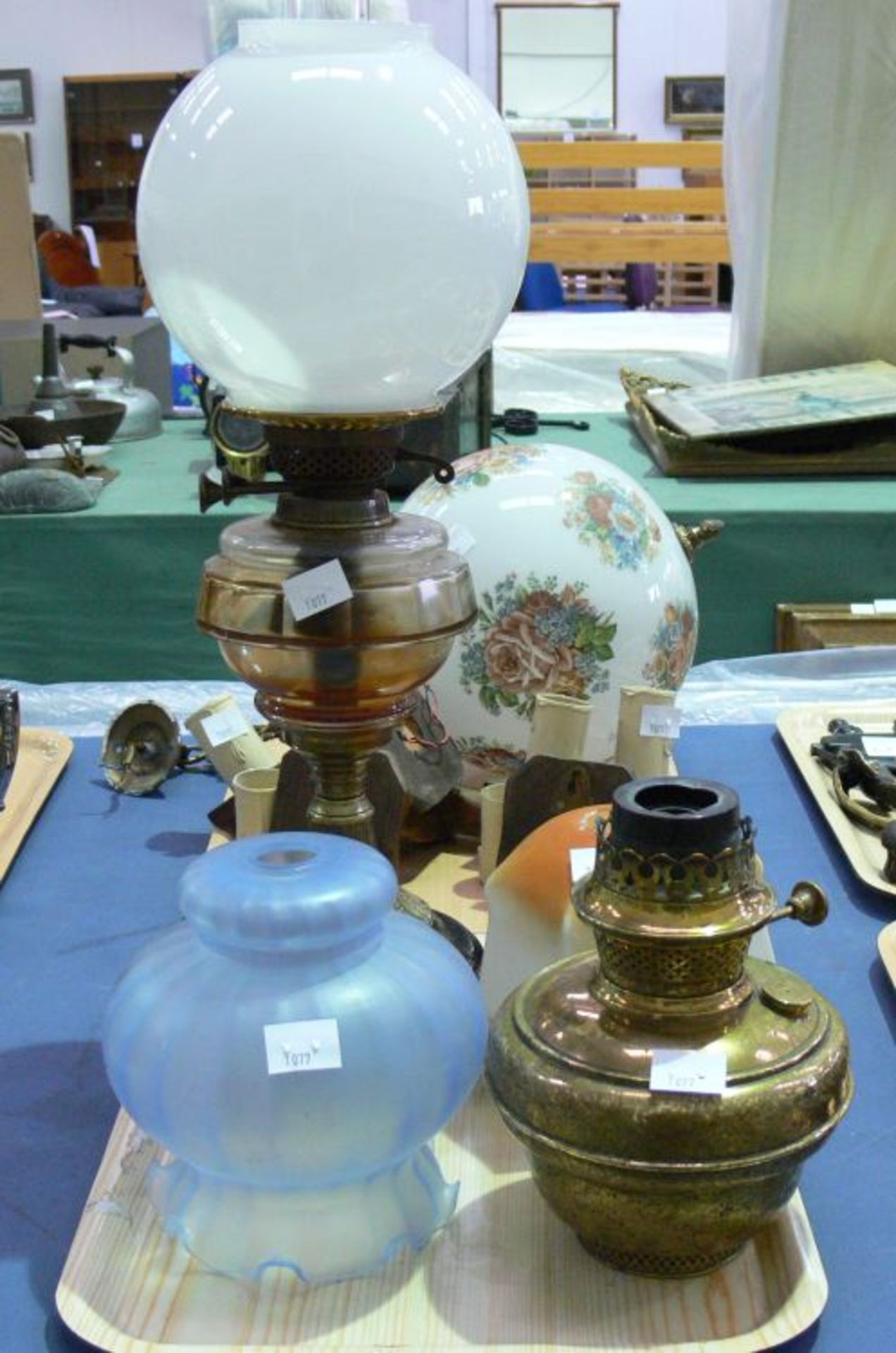 Decorated Globe Light Fitting, Oil Lamps etc (est. £15-£25)