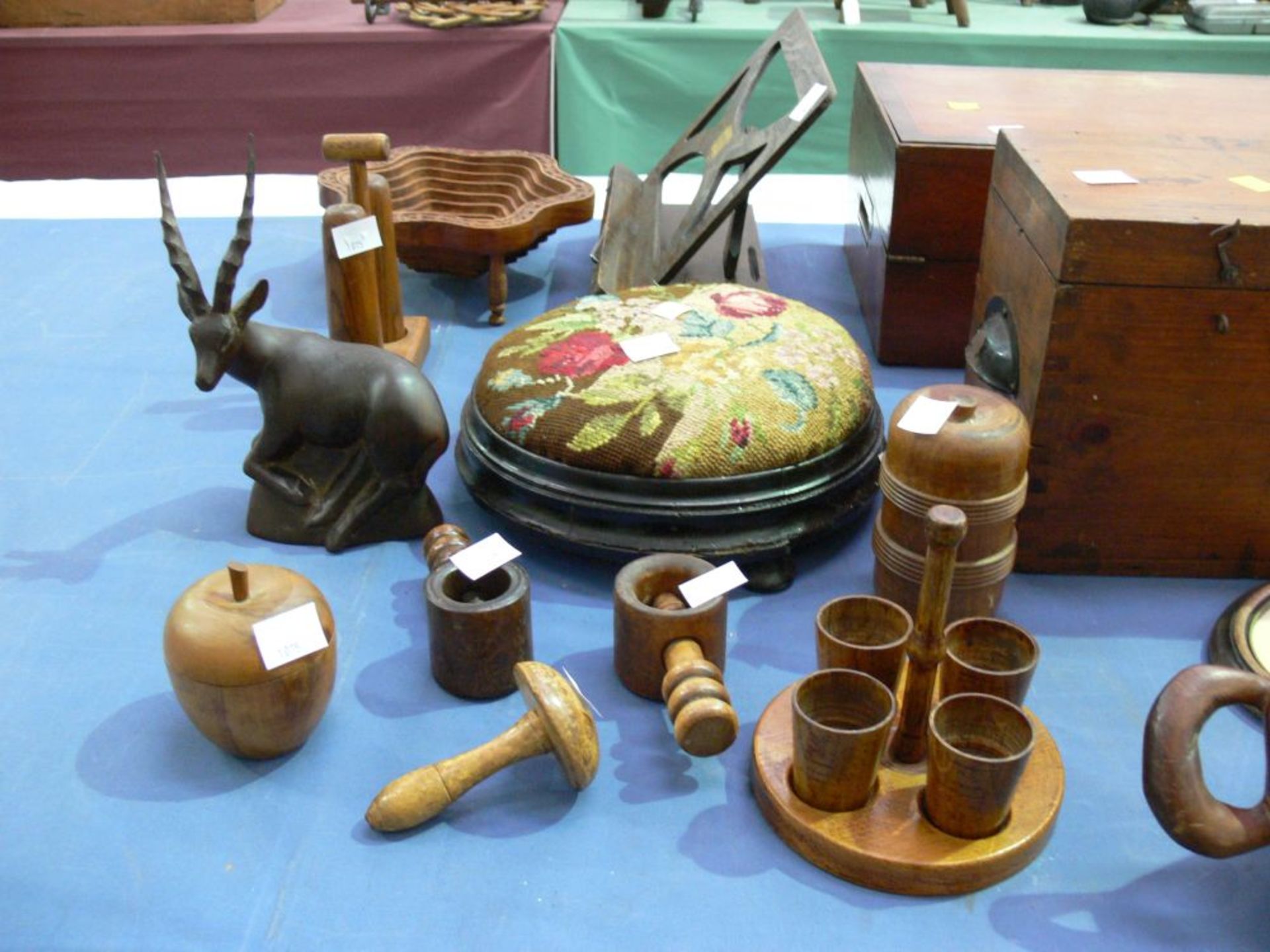 A selection of wooden items to include Turned Items, Woolwork covered Foot Stool, Nutcracker, - Bild 2 aus 9