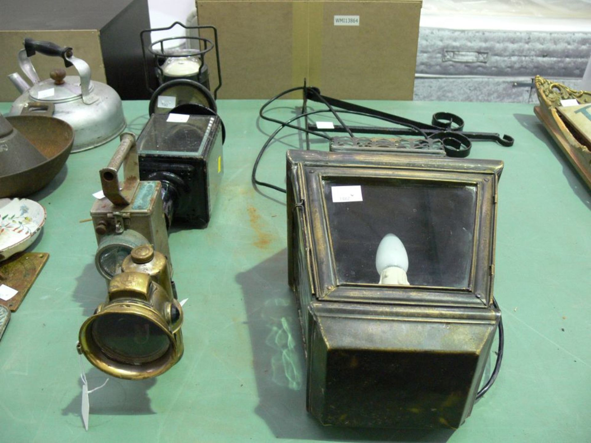Brass Cased (Miller) Hanging Lamp, Coach Lamp (Stadium-British Made), Cycle Light, Two Torches (