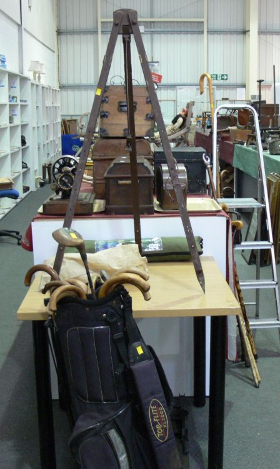 Large wooden Easel, Golf Bag and contents, Fishing Tent (in bag), Fishing Chair, Camping Pegs (
