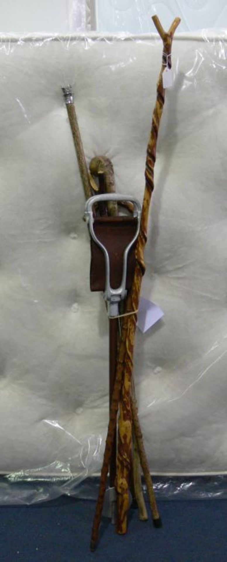 A selection of Walking Sticks together with a Leather Shooting Stick (6) (est £20-£30)
