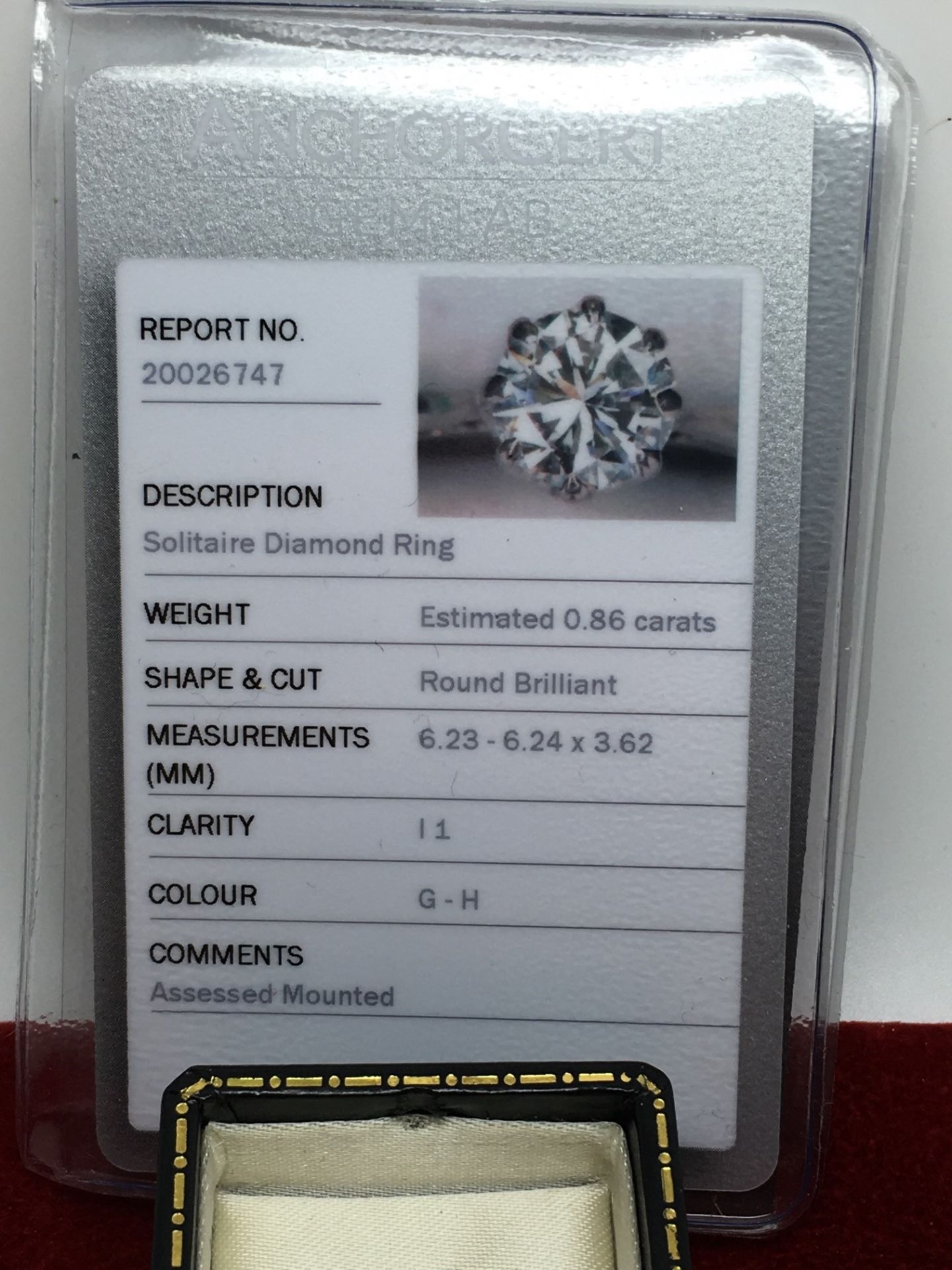 0.86ct DIAMOND SOLITAIRE RING WITH ANCHOR CERTIFICATE - Image 2 of 3