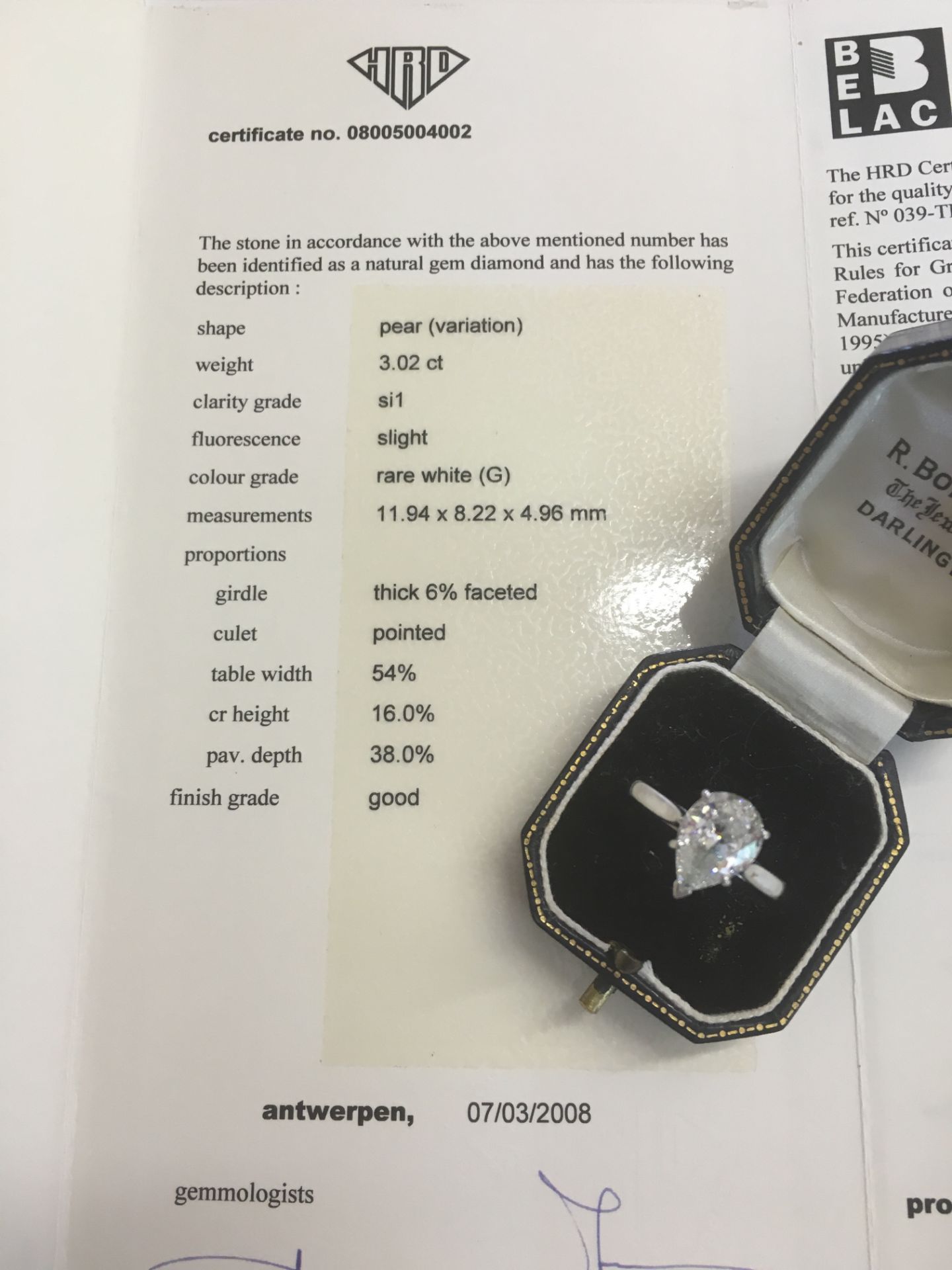 3.02ct PEAR SHAPE DIAMOND SOLITAIRE RING CLARITY: SI1 & COLOUR: RARE WHITE G SET IN PLATINUM - Image 3 of 5